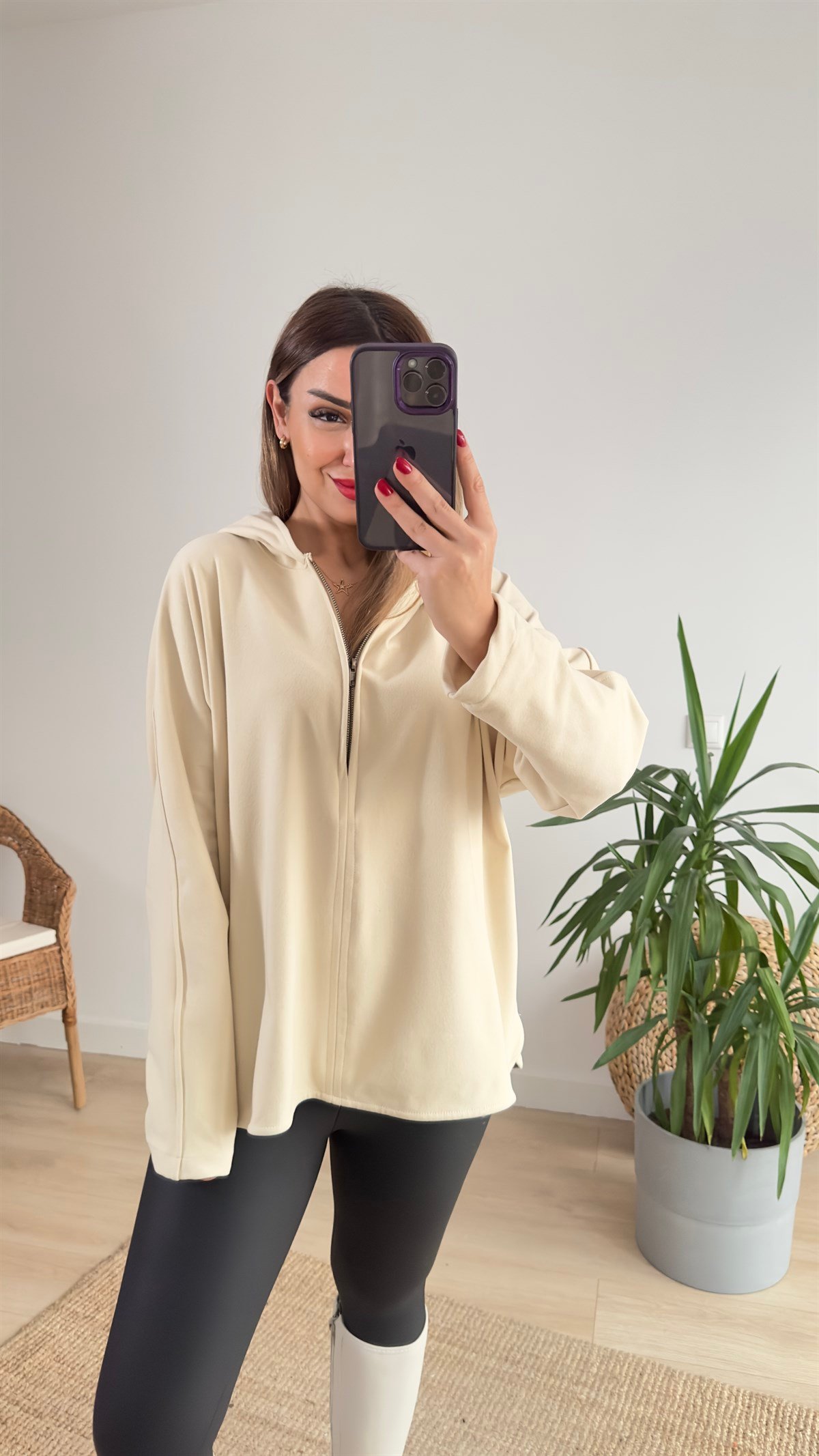 Yarım Fermuar Bej Polar Sweat