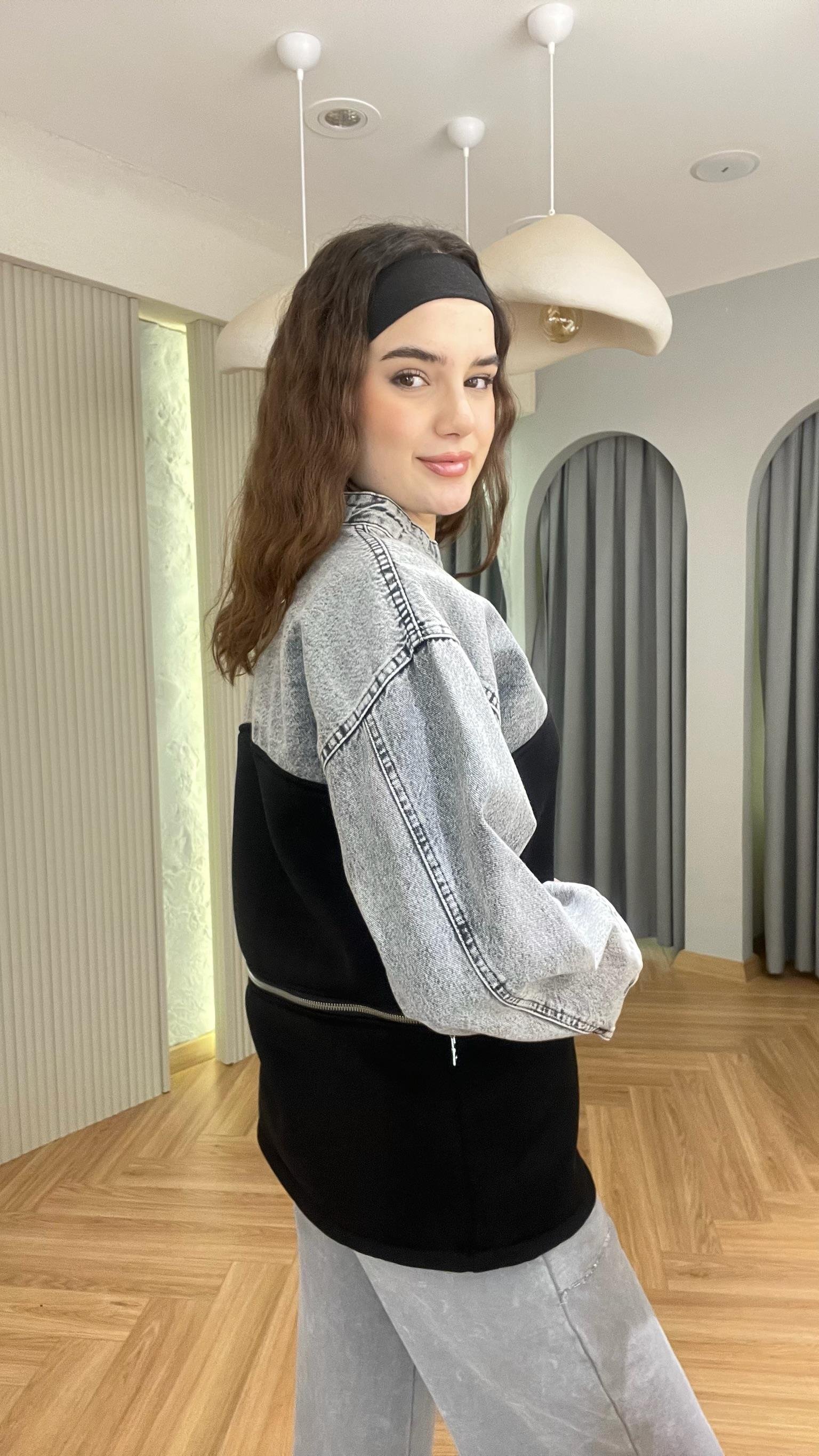 Gri Kot Garnili Fermuarlı Sweat