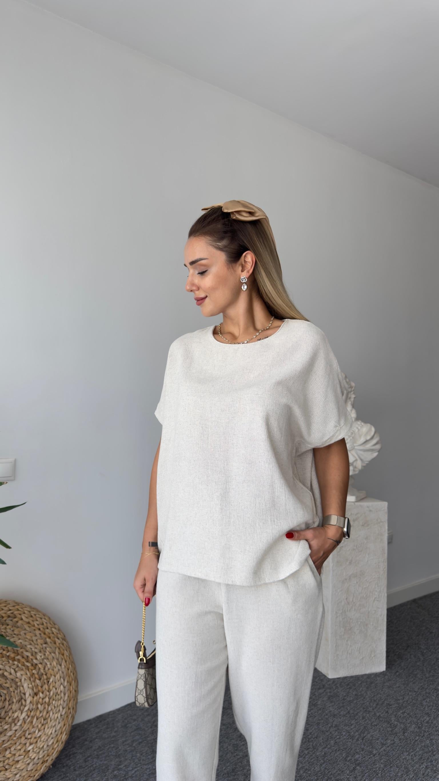 Nujo Kısa Kollu Bej Keten Takım