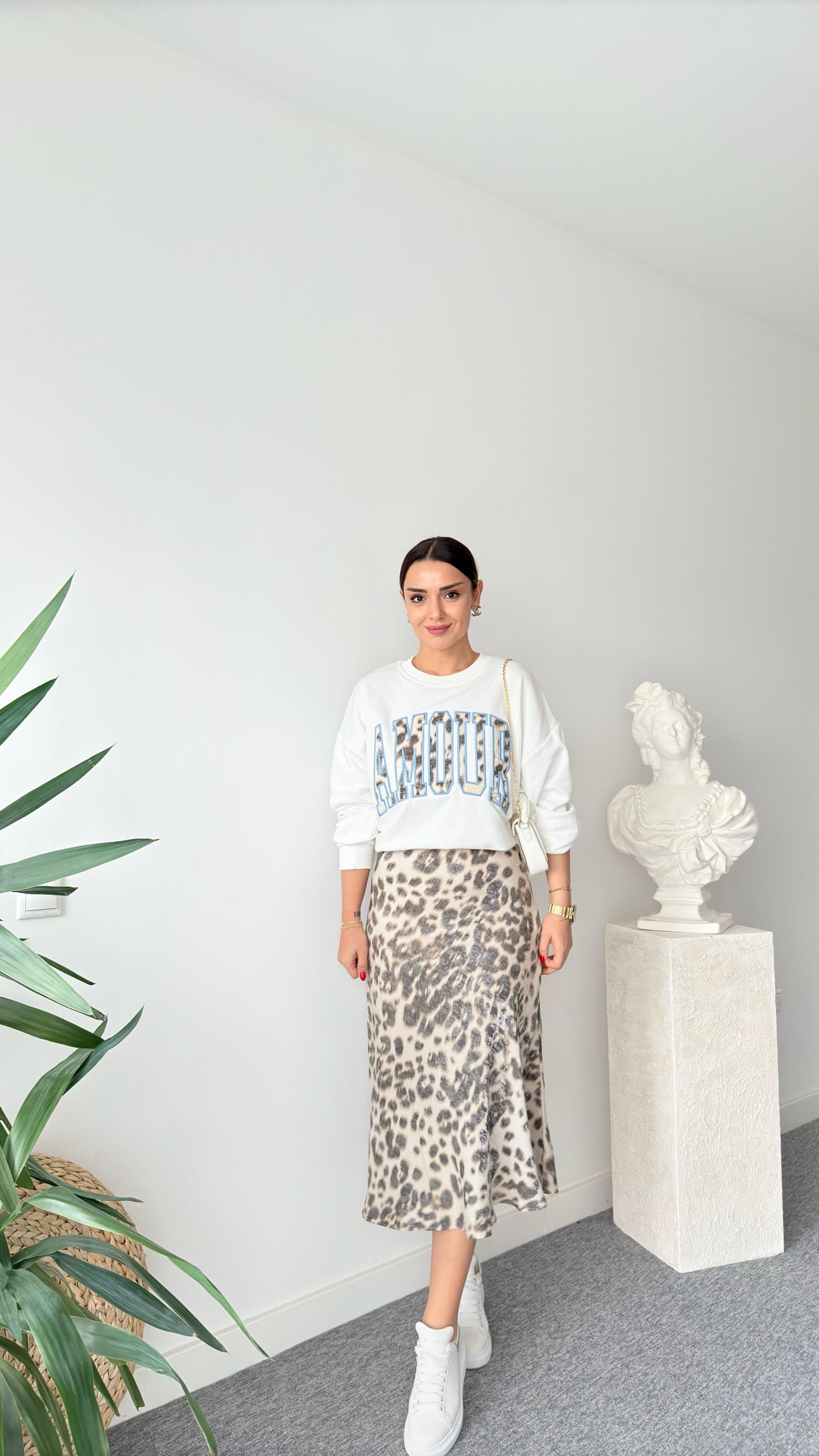Leopar Amour Yazılı Sweatshirt