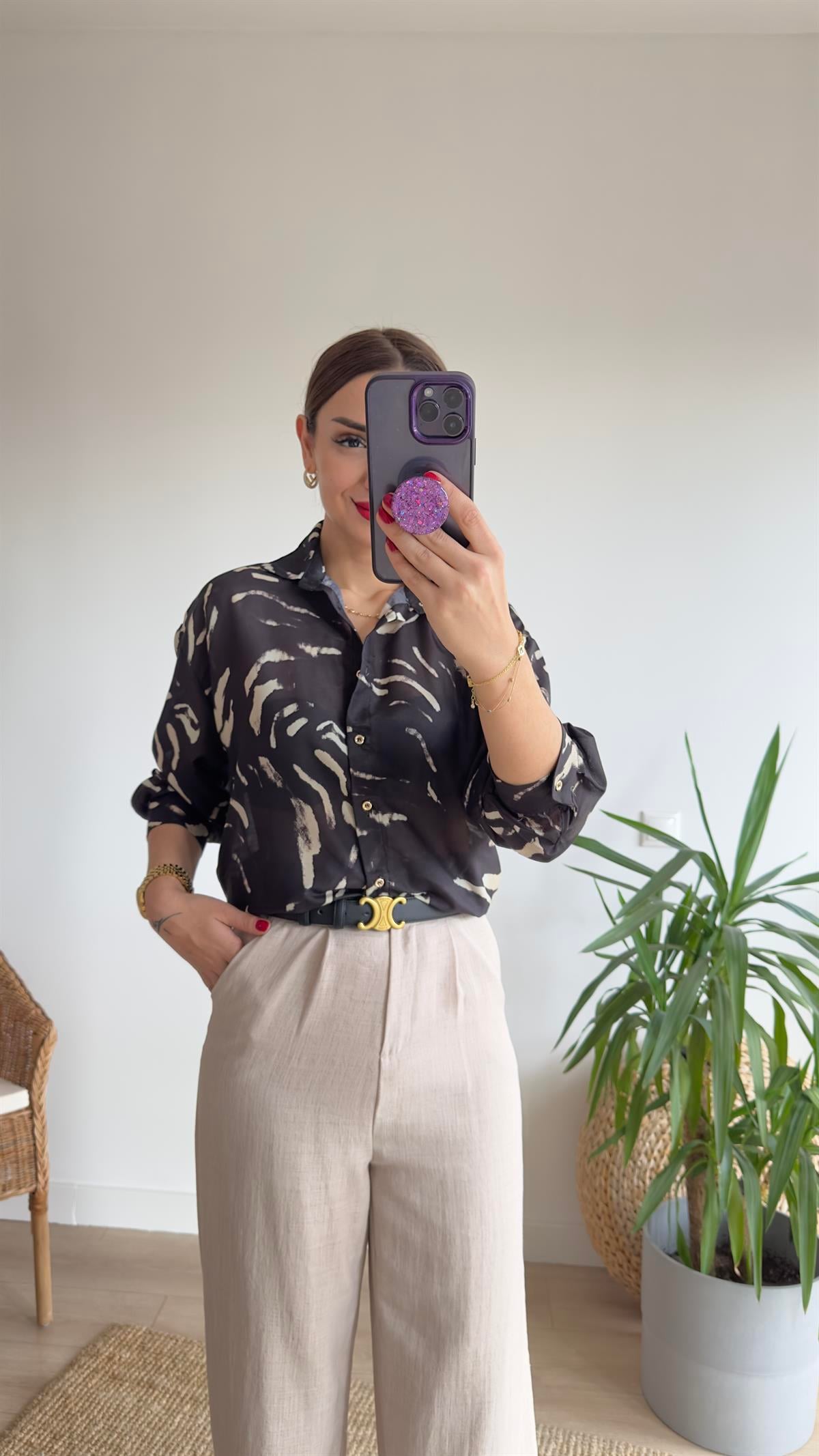 Fiona Desenli Siyah Vual Gömlek