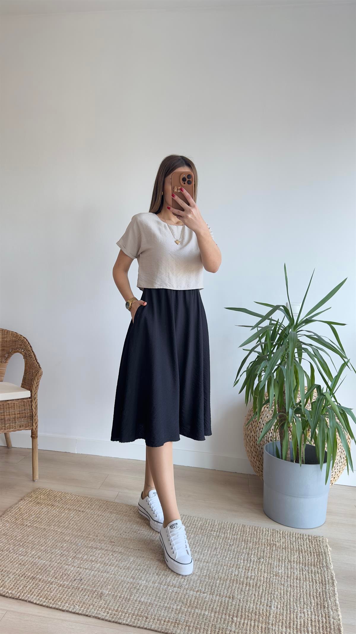 Bej Bluz Detaylı İkili Elbise 