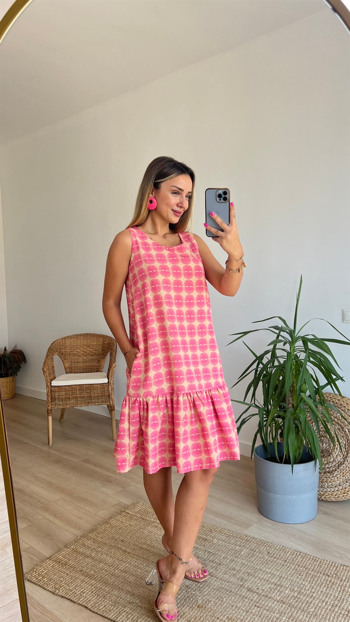 Pembe Desenli Cepli Keten Elbise