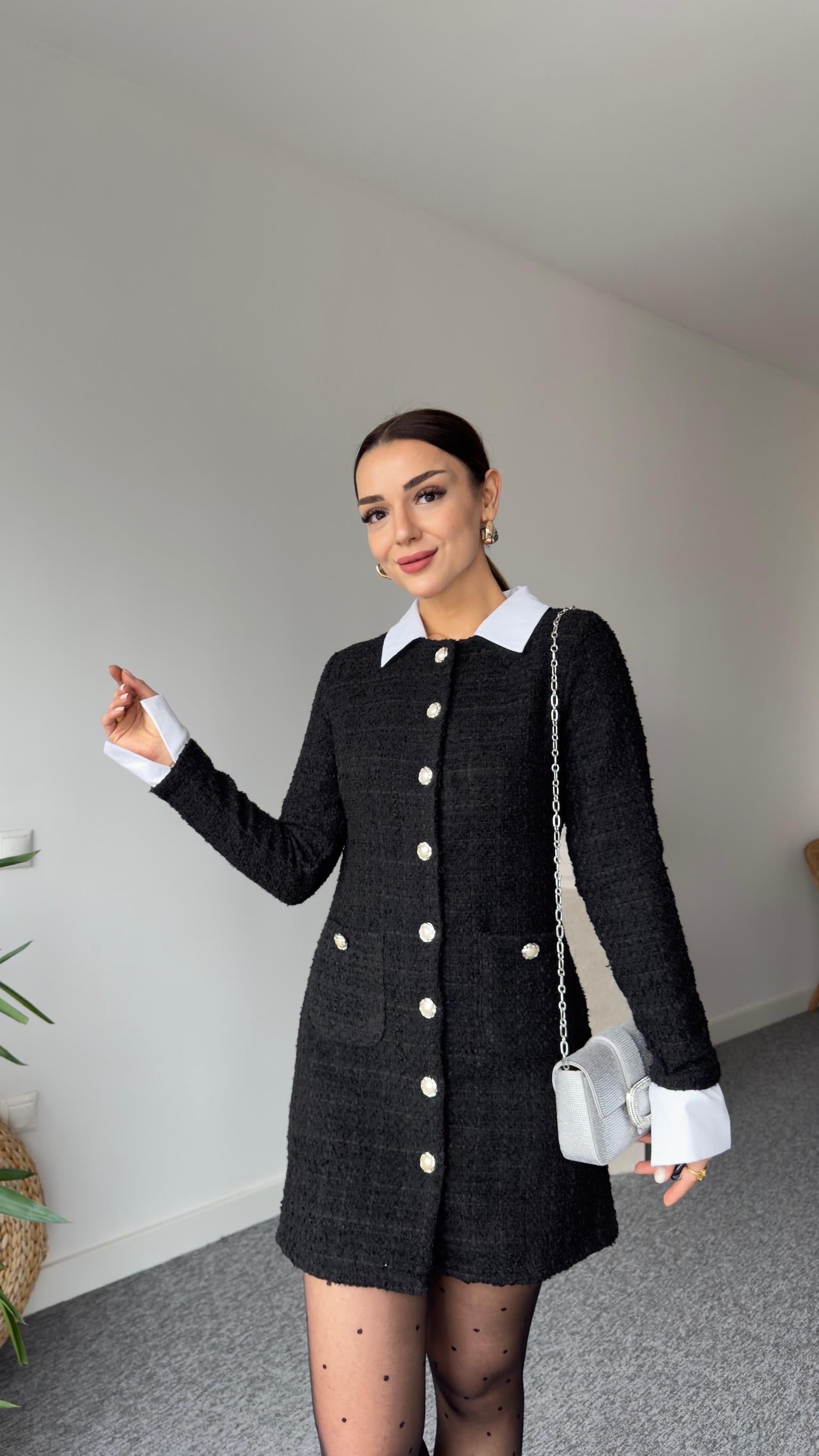 Helena Gömlek Yaka Siyah Tüvit Elbise