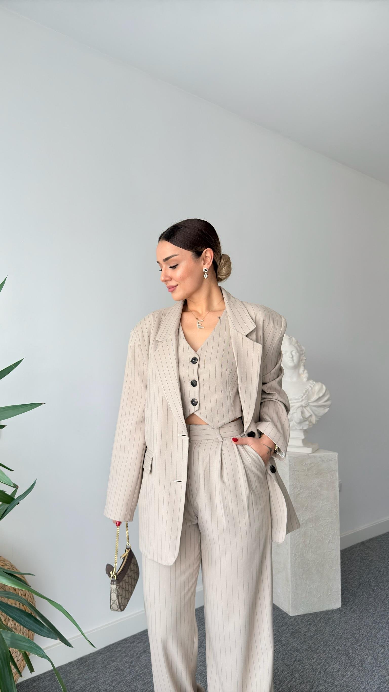 Vous Çizgili Bej Blazer Ceket