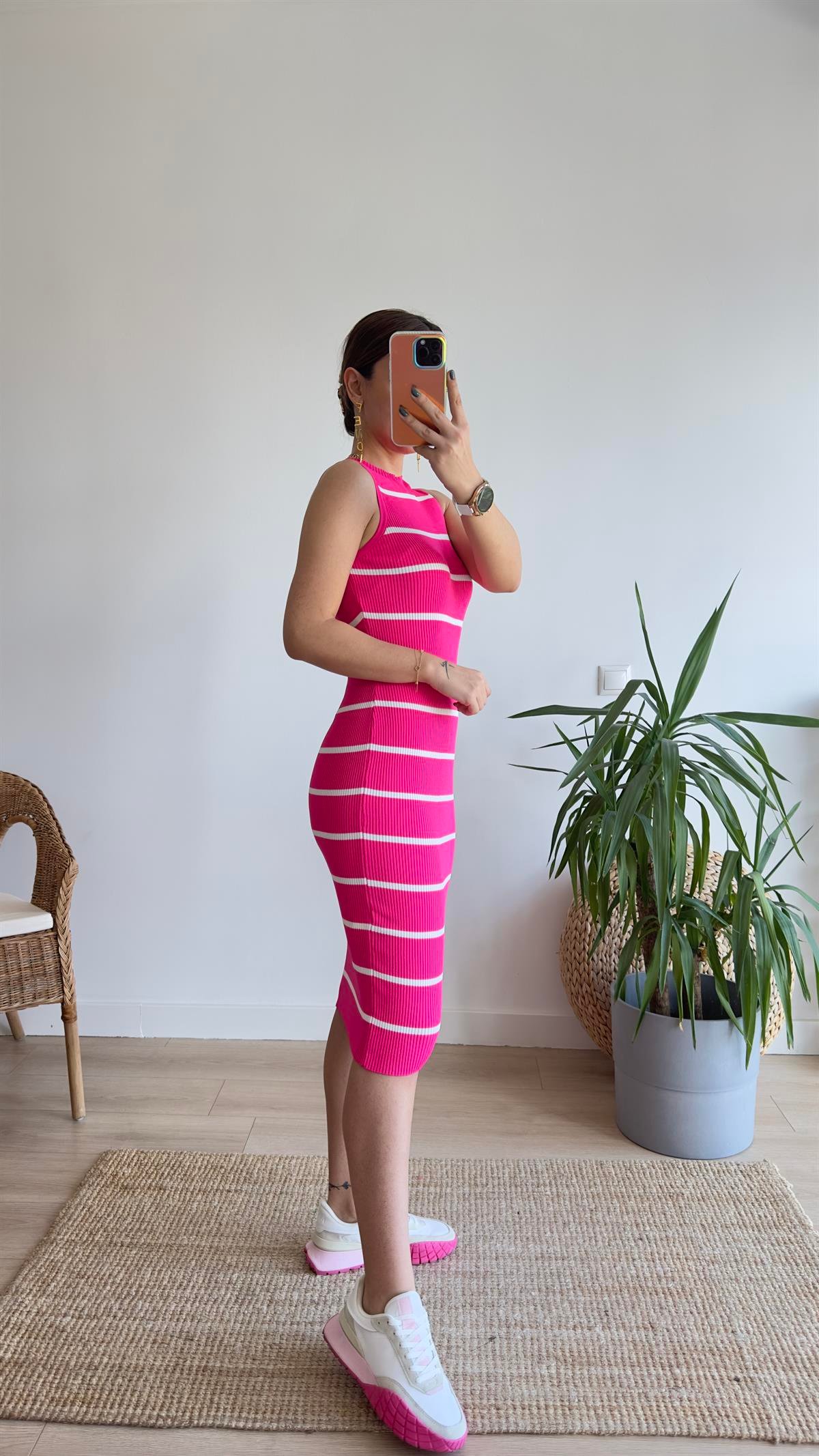 Nisen Kolsuz Çizgili Pembe Triko Elbise 