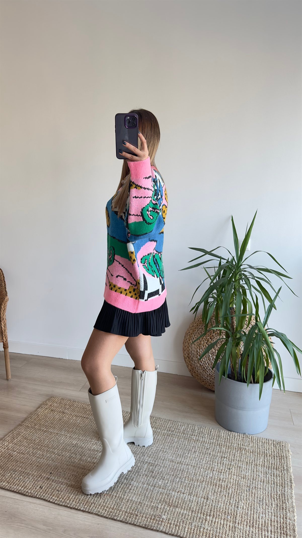 Renkli Desenli Tasarım Pembe Kazak