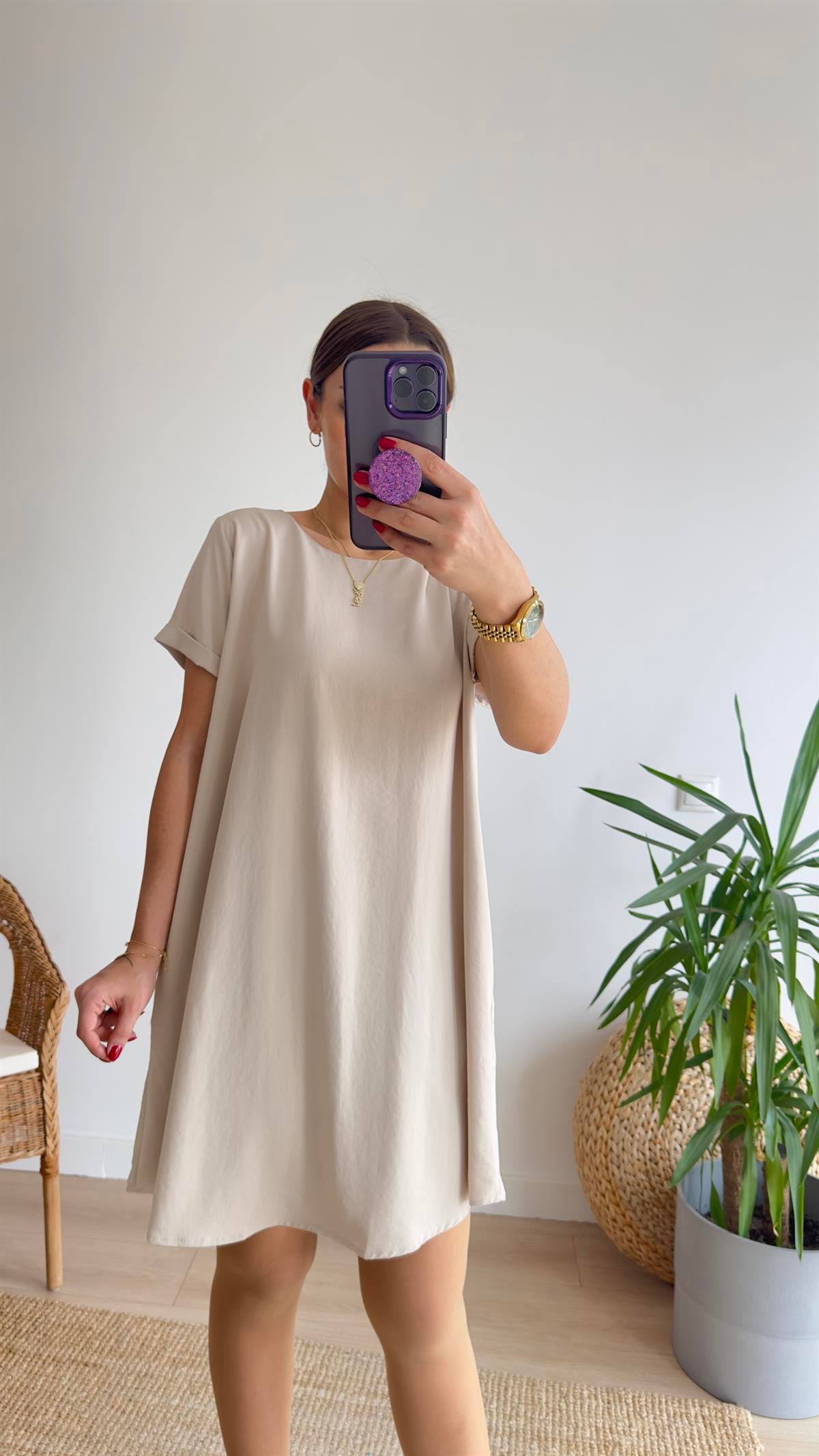 Rina Sırtı Pileli Bej Elbise