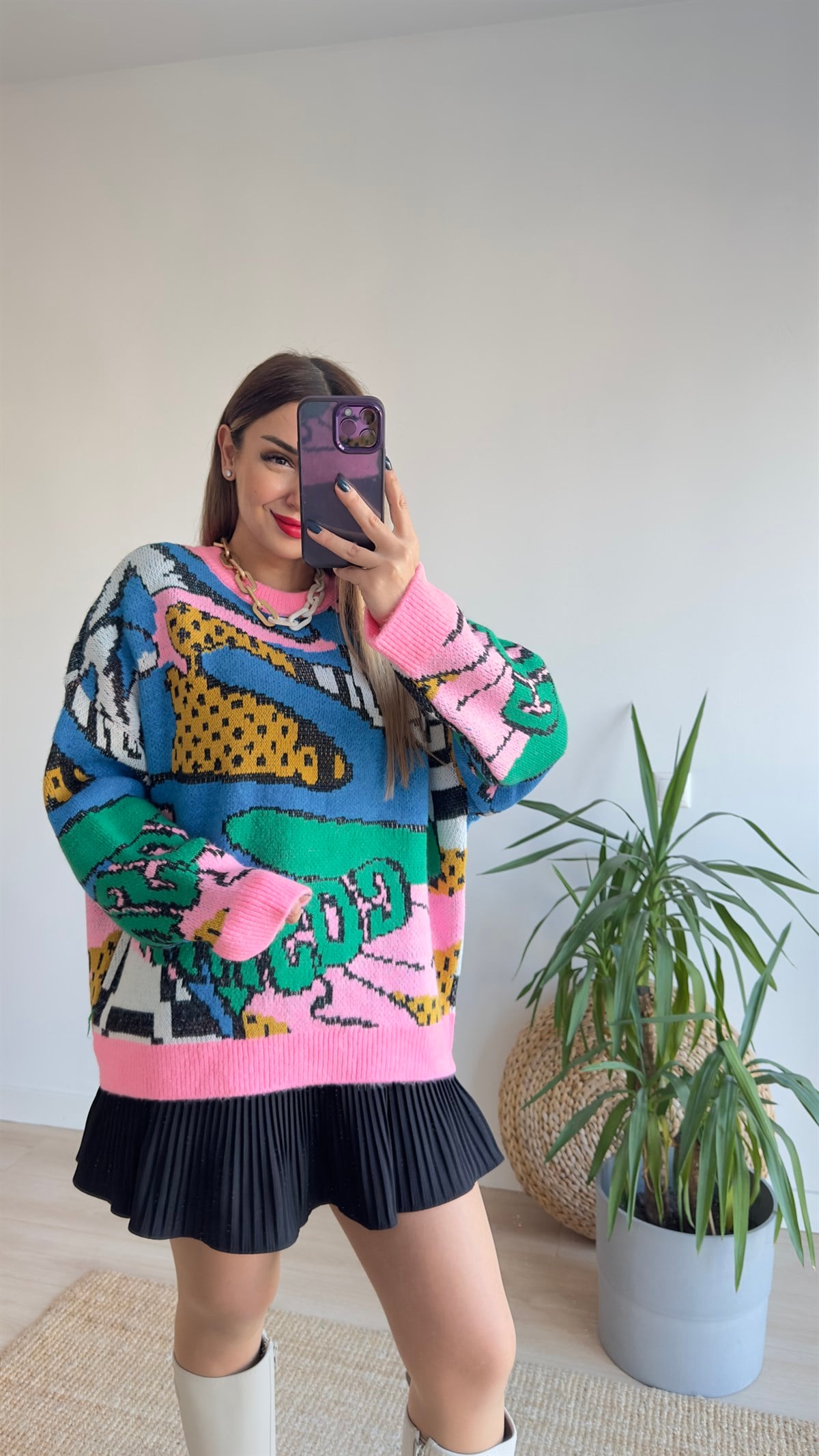 Renkli Desenli Tasarım Pembe Kazak