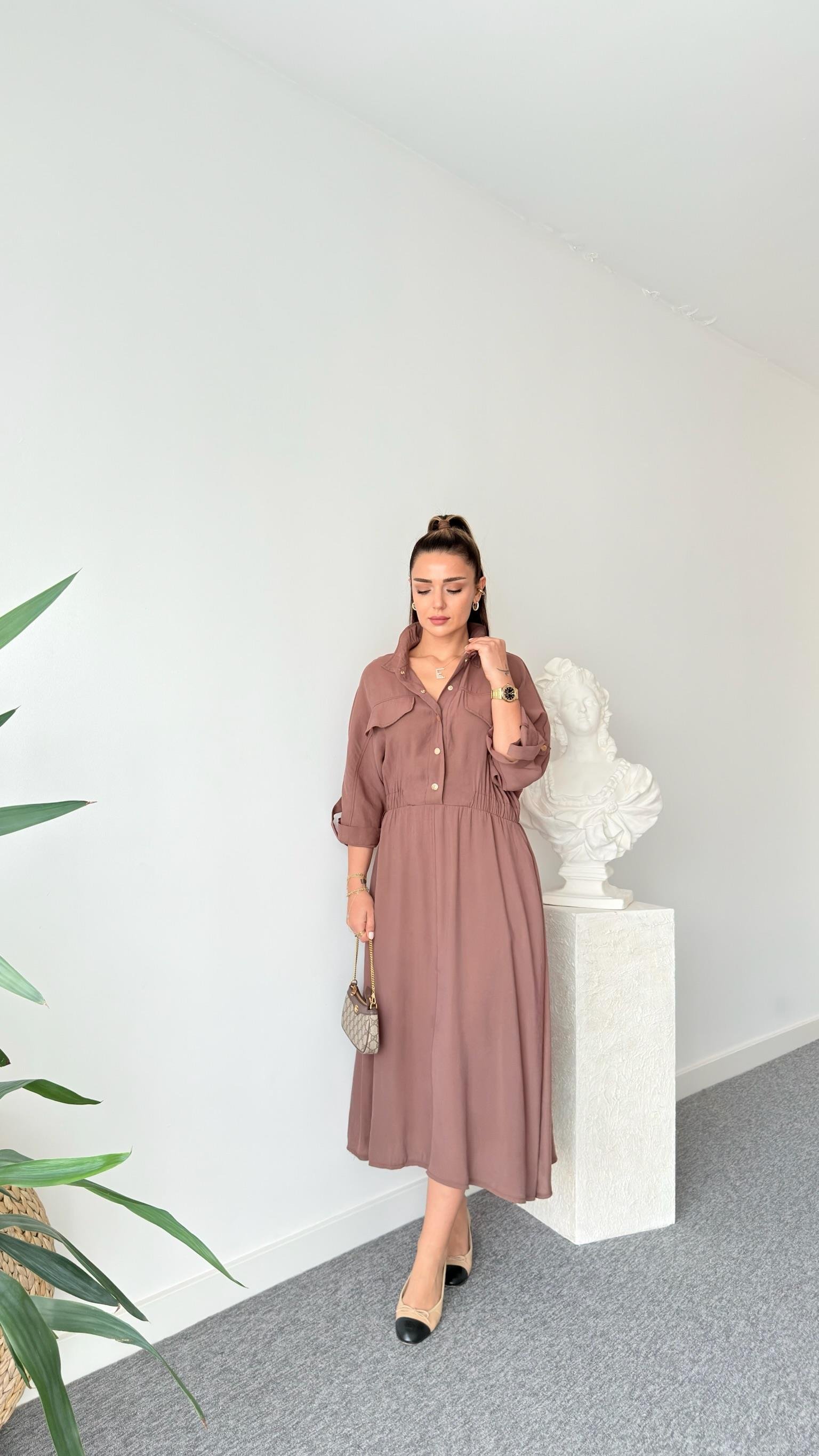 Kahve Çıtçıtlı Zra Model Midi Elbise 