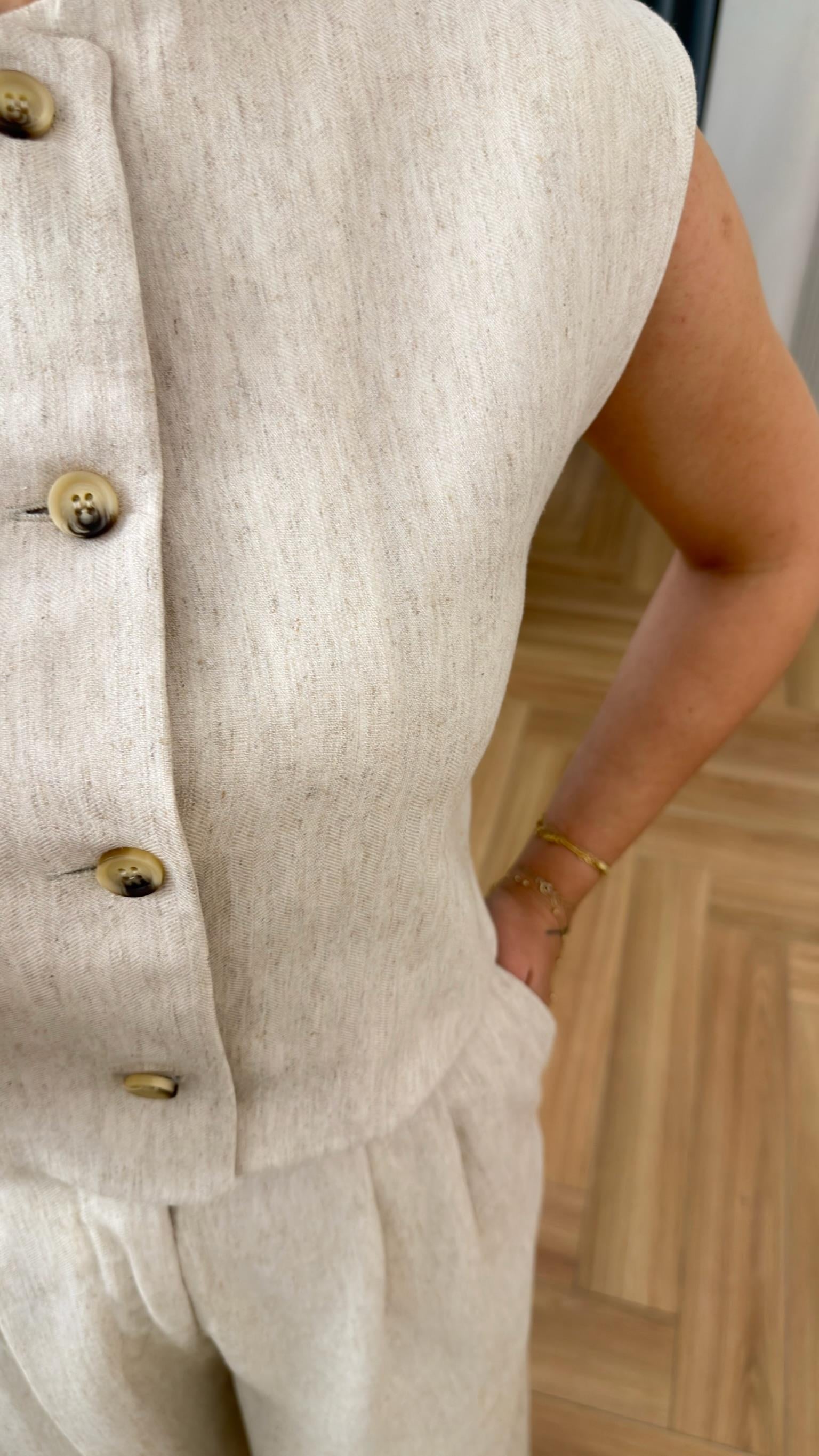 Bej Weista Keten Yelek Pantolon Takım