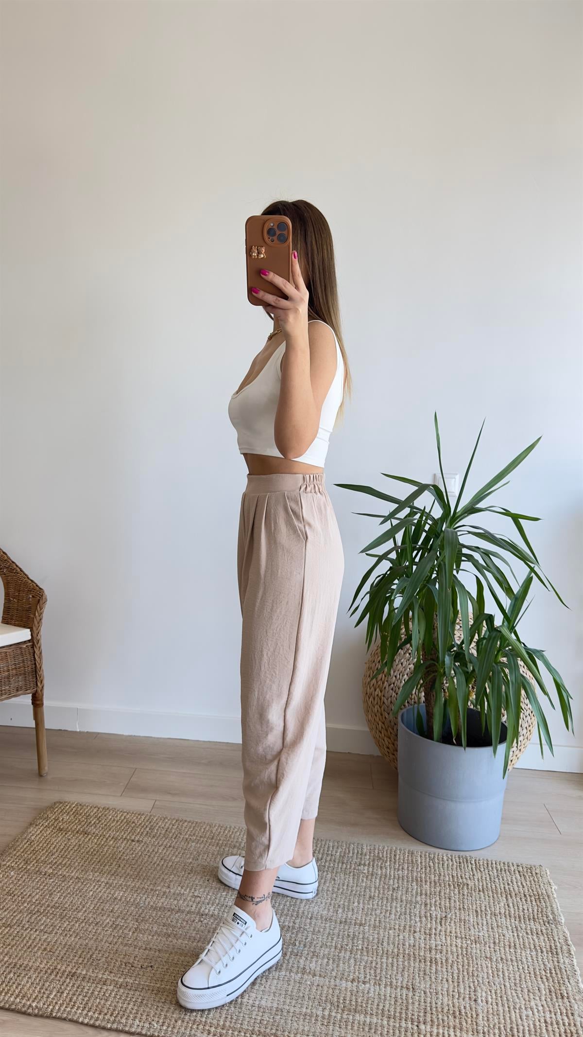 Bej Pileli Şalvar Model Pantolon