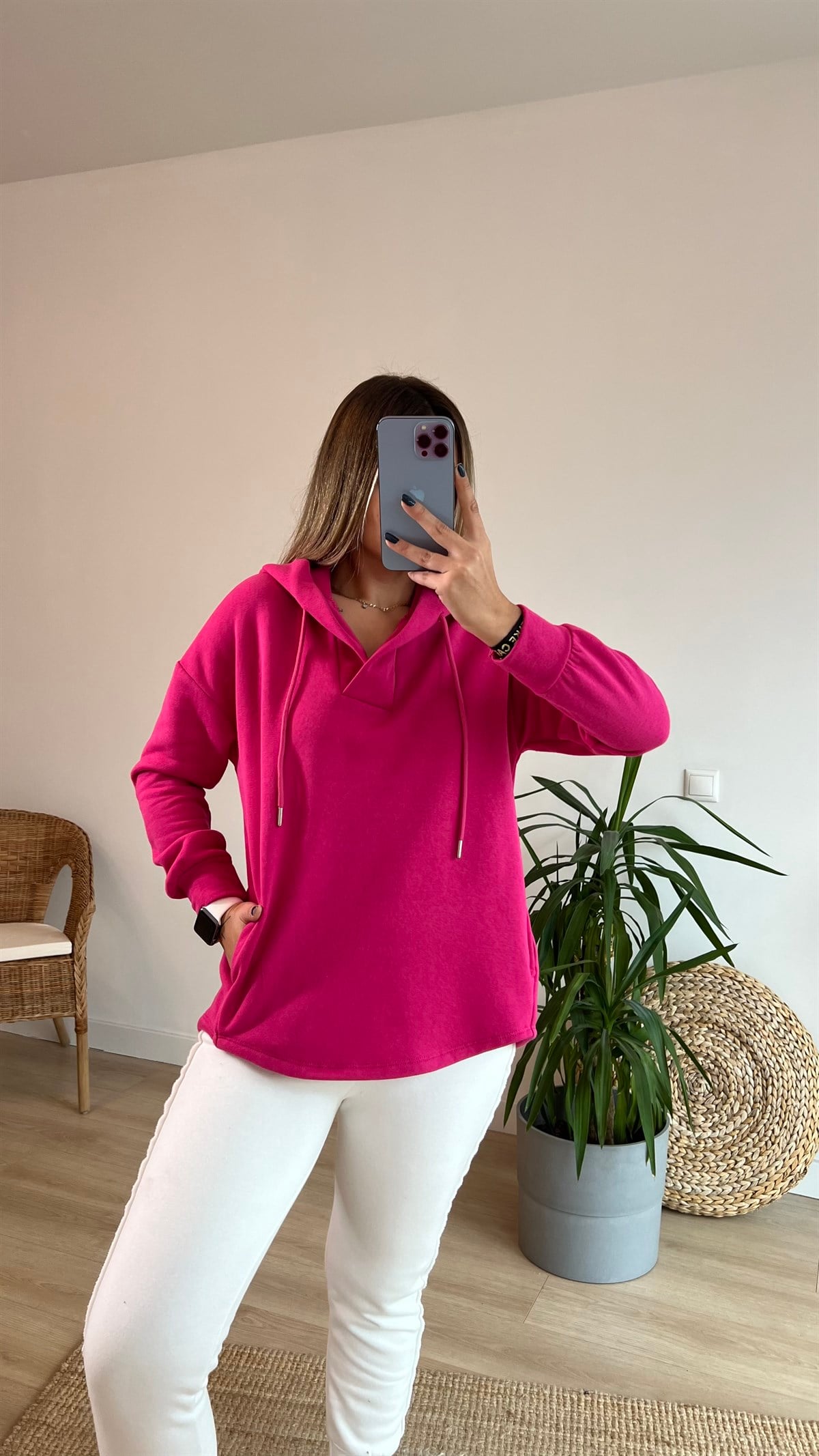  Kapüşonlu Yaka Detay Pembe Sweatshirt
