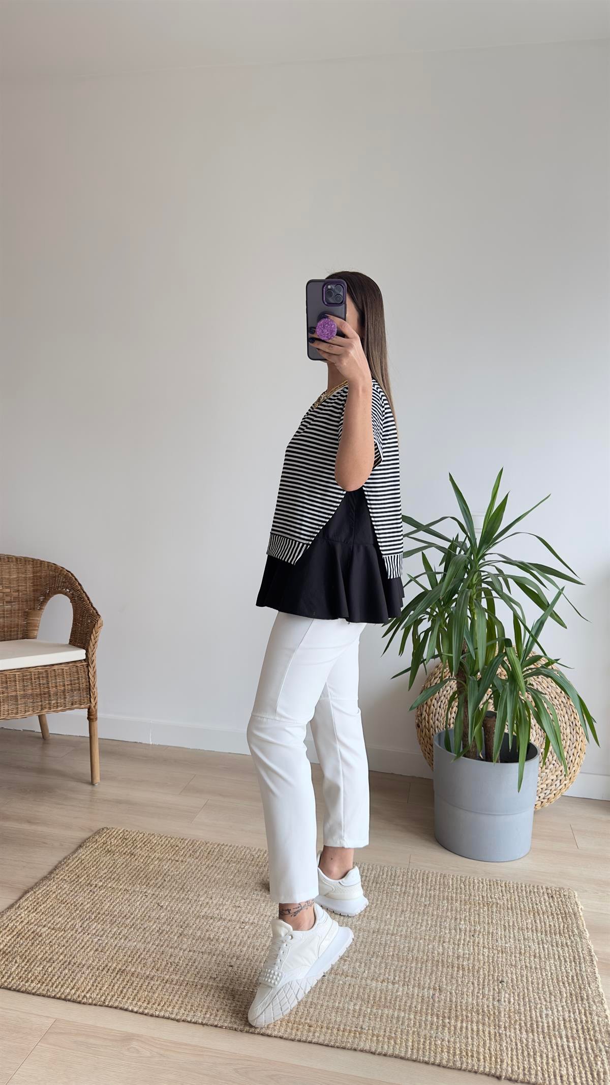 Çizgili Siyah Poplin Detaylı Tshirt