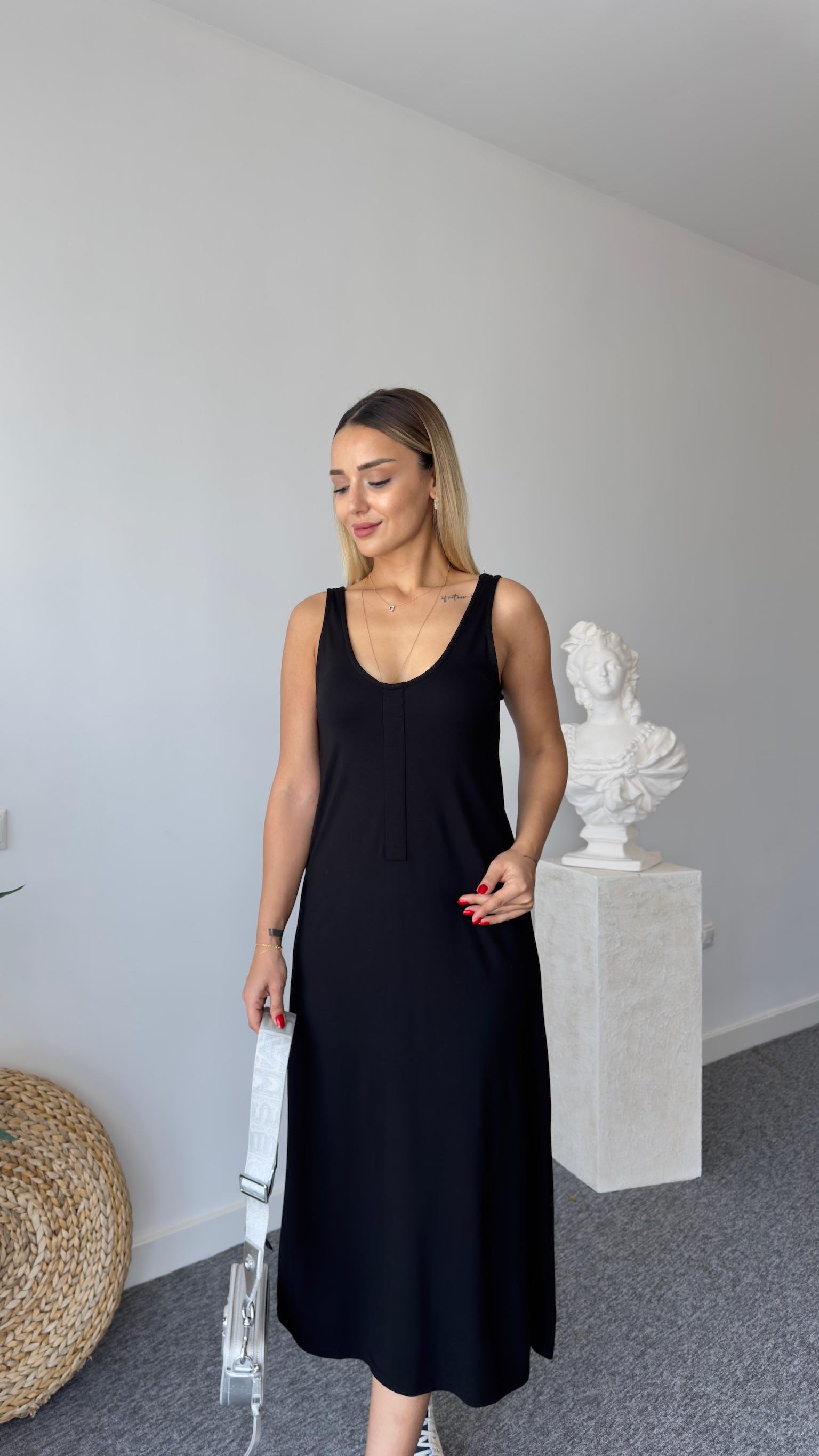 Leva Ön Arka V Siyah Modal Elbise 