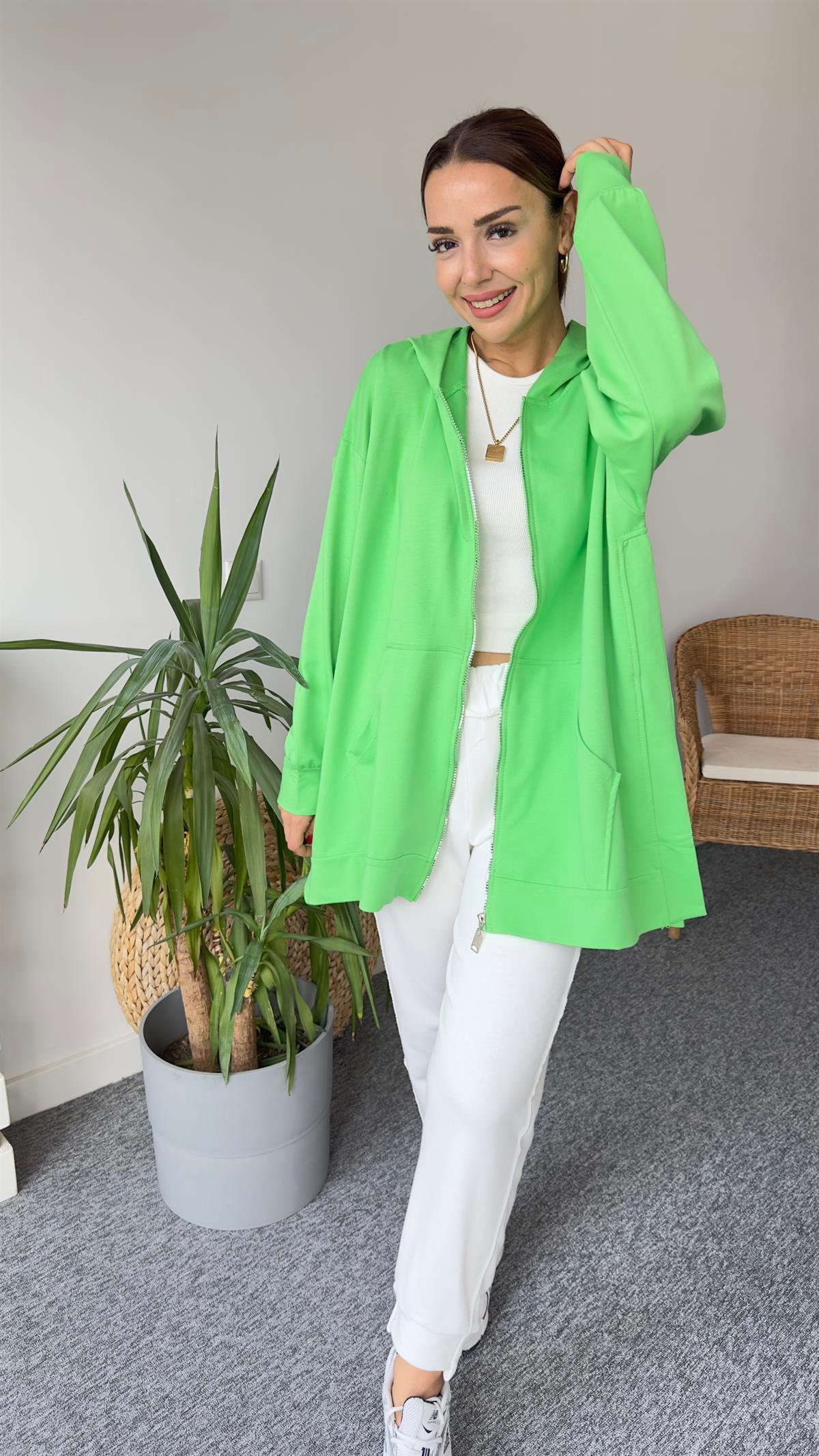 İki İplik Yanları Yırtmaçlı Olive Sweat