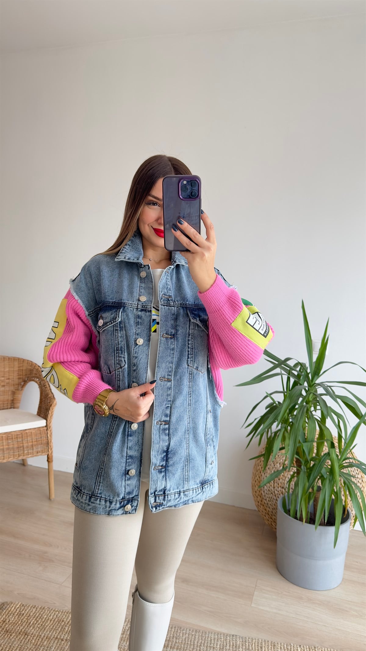 Kolları Pembe Triko Detay Tasarım Ceket 