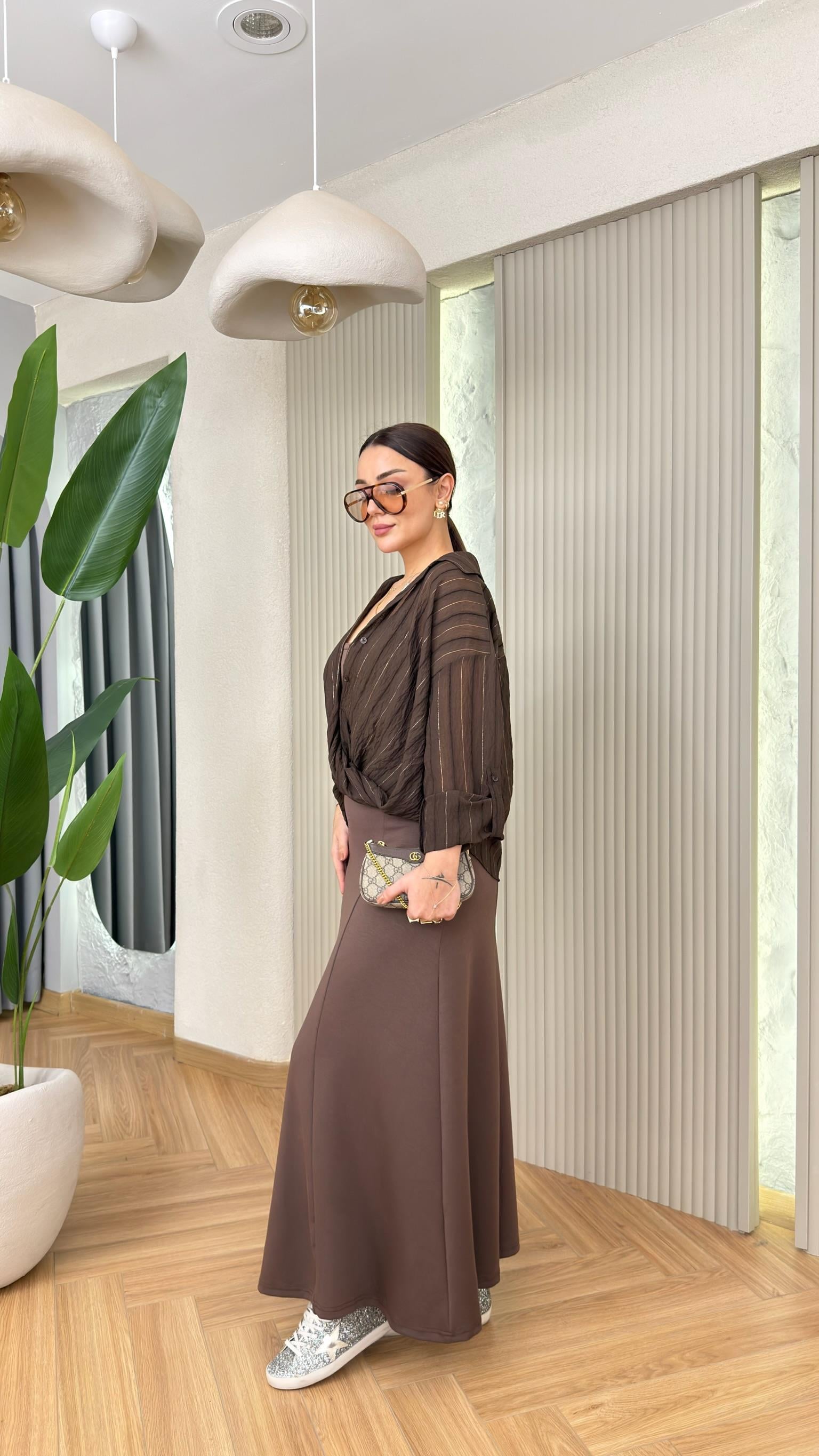 Kahve Nadiya Sim Geçişli Gömlek Elbise Takım