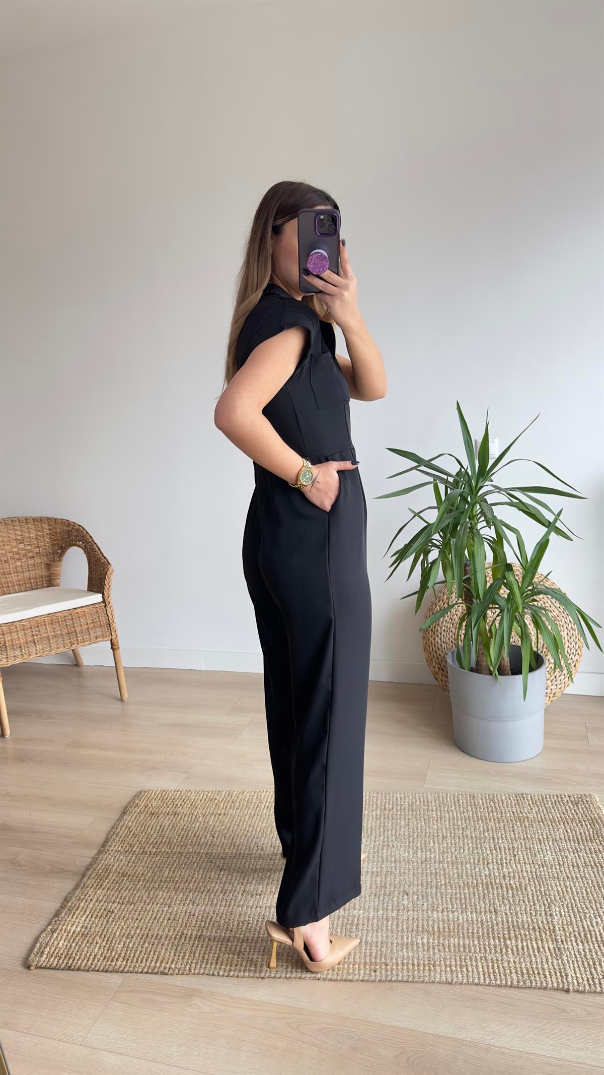 Orj Marka Gold Düğmeli Siyah Tulum
