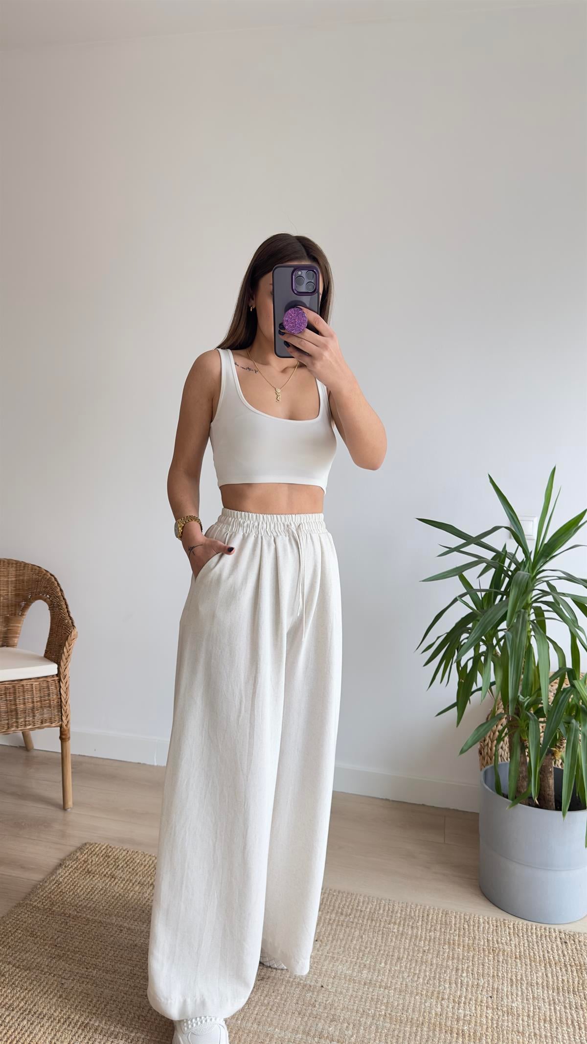 Keten Beli Lastikli Bej Pantolon