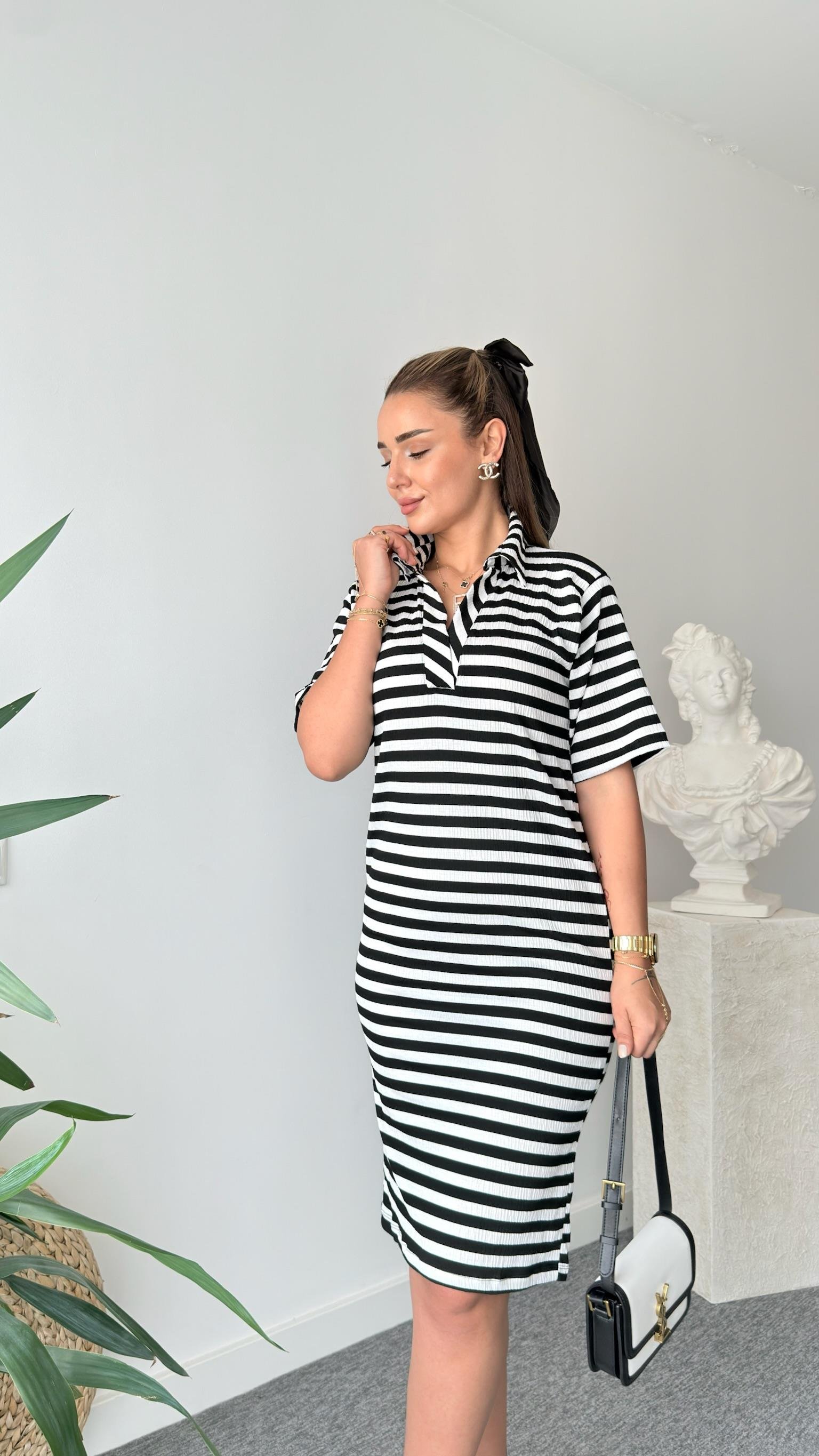 Polo Yaka Çizgili Basic Elbise