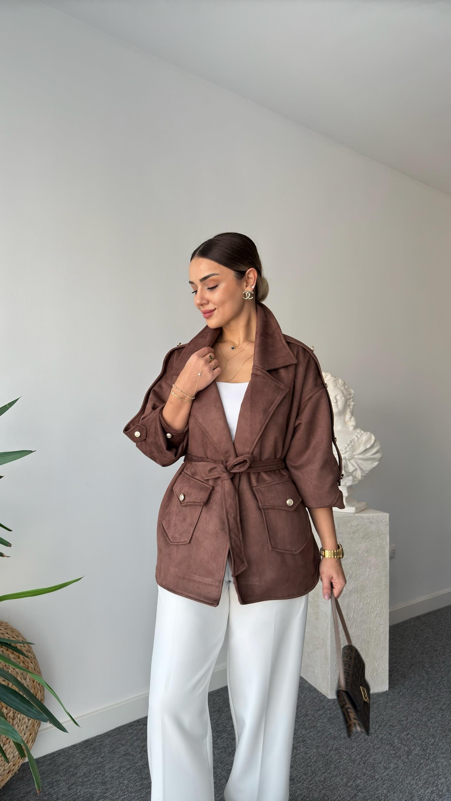 Ziano Kollar Düğmeli Kahve Süet Ceket