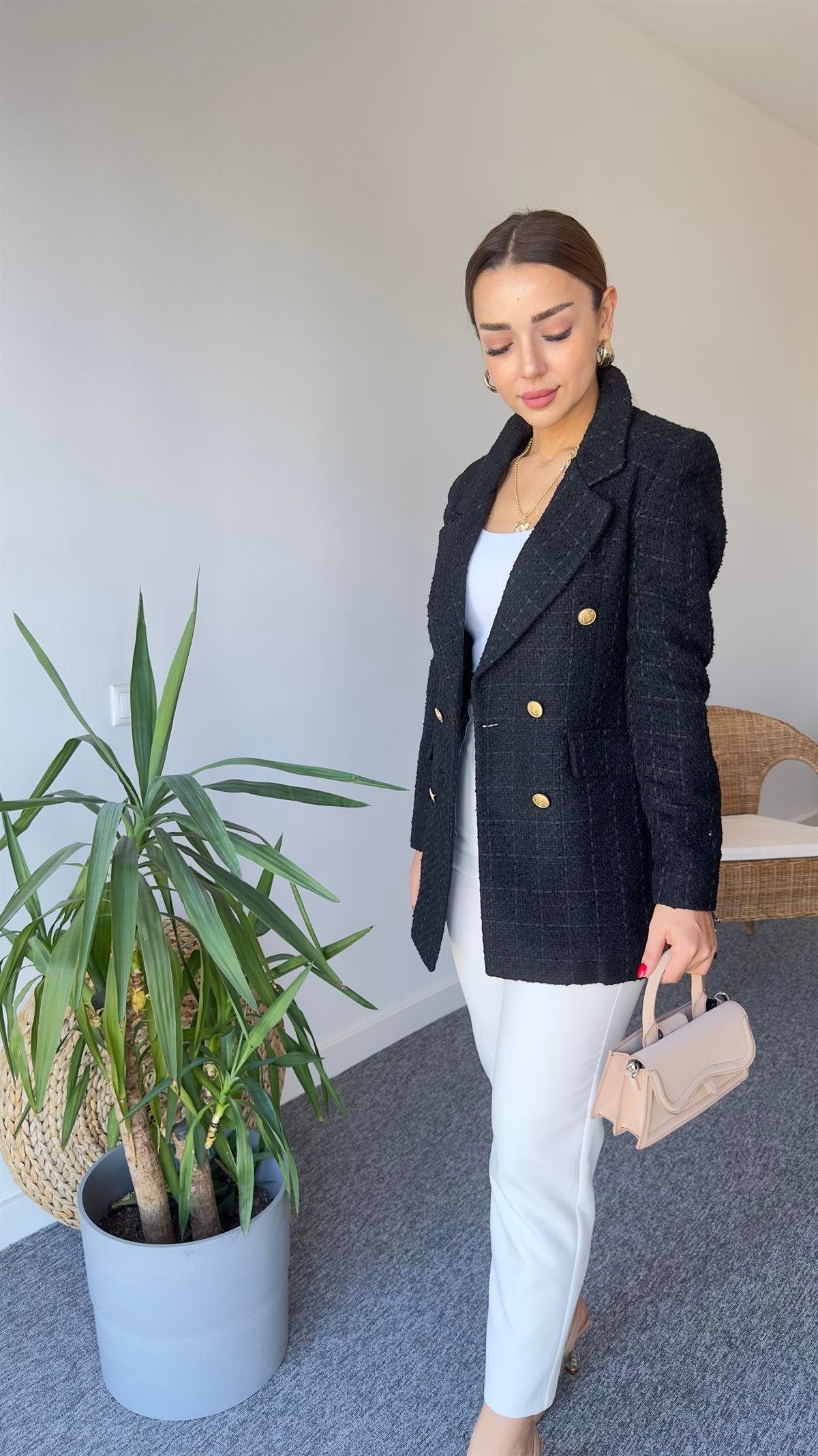 Gold Düğme Siyah Tüvit Blazer Ceket