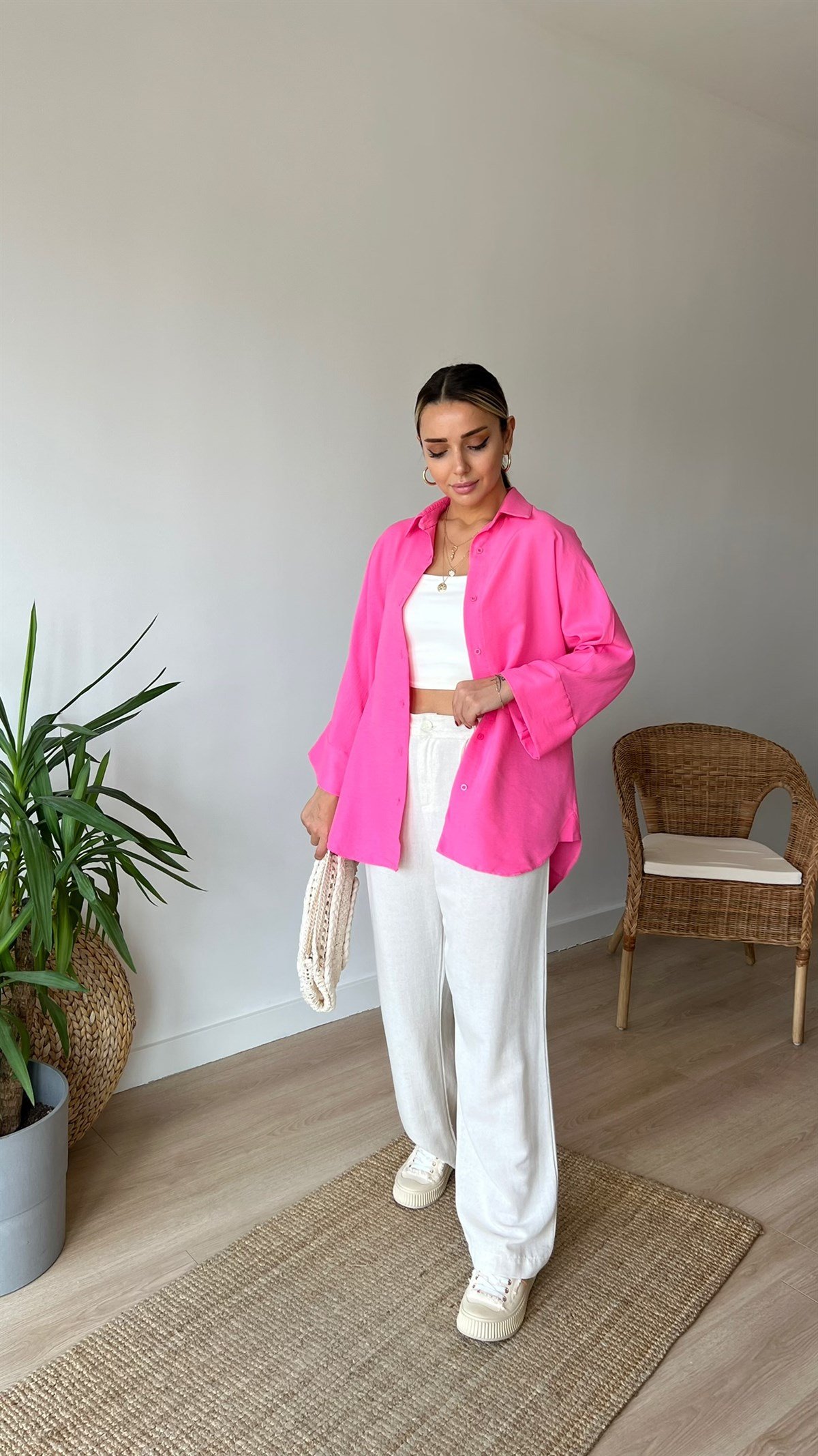 Oversize Pembe Pamuklu Gömlek