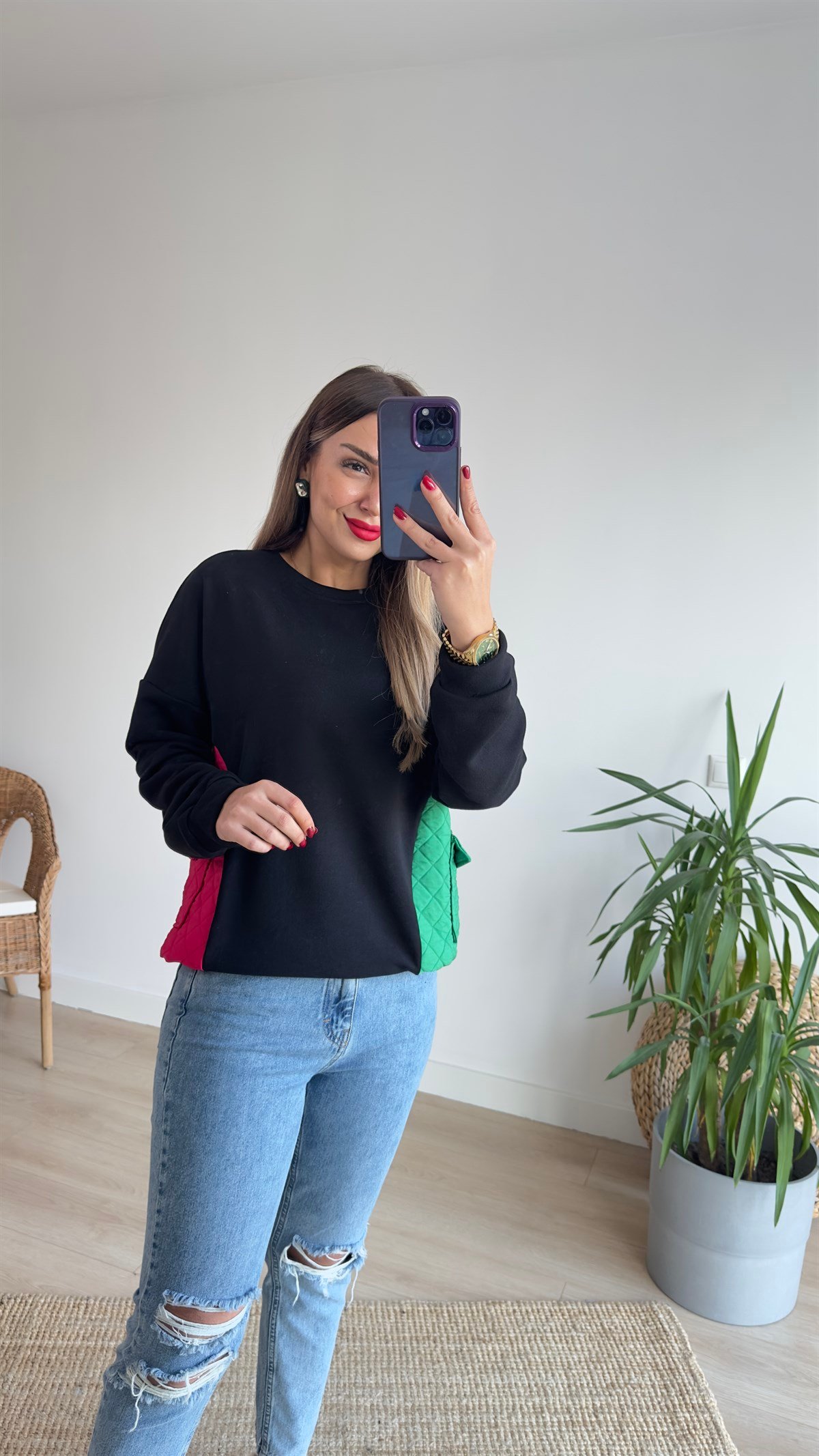 Pembe Yeşil Kapitoneli Sweat