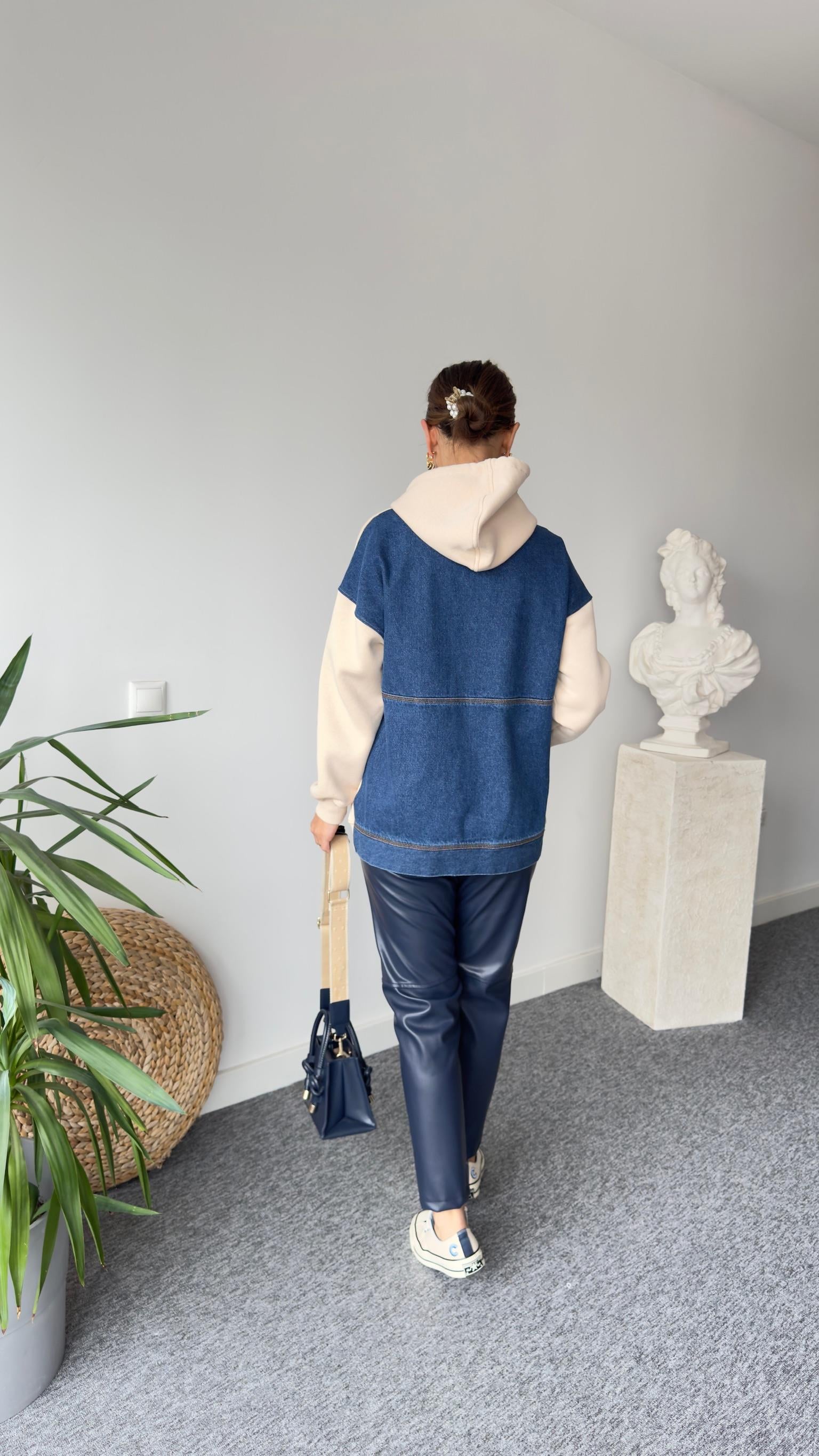 Sırt Kot Detaylı Kapüşonlu Bej Sweat