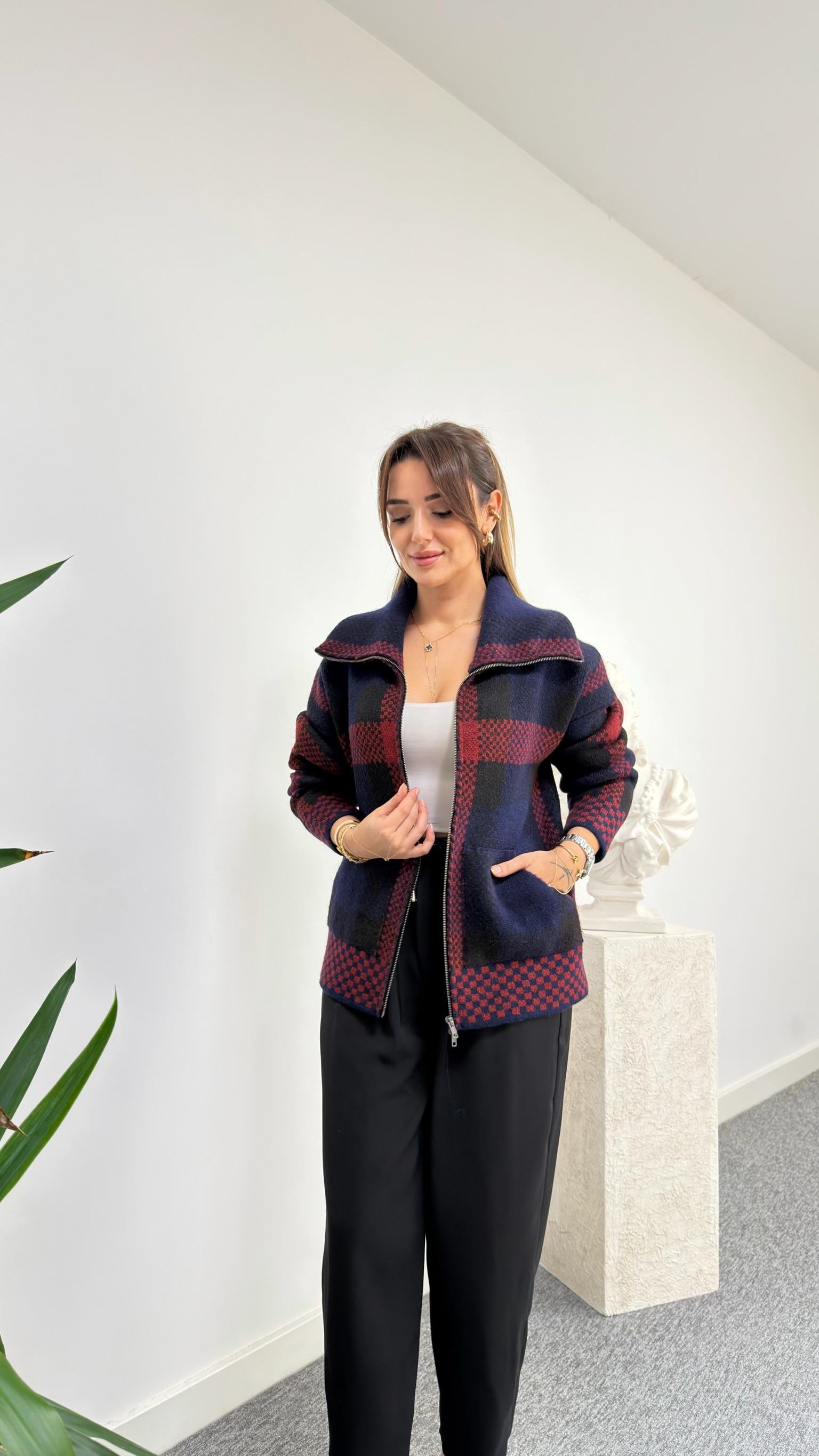 Bordo Wumo Ekoseli Premium Triko Hırka