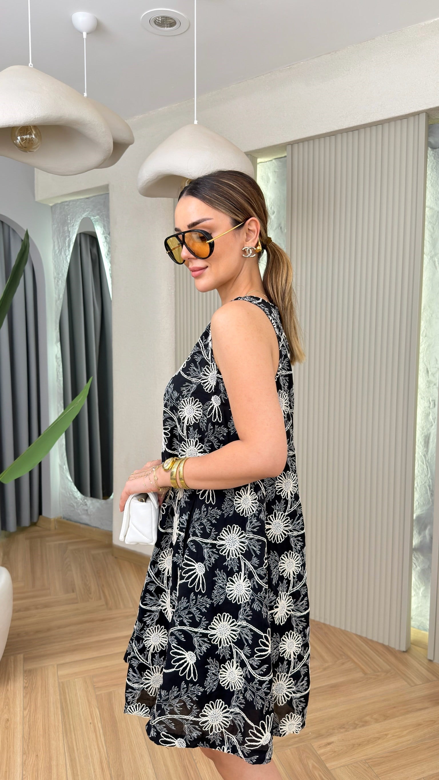Siyah Lomre İşleme Detaylı Astarlı Elbise 