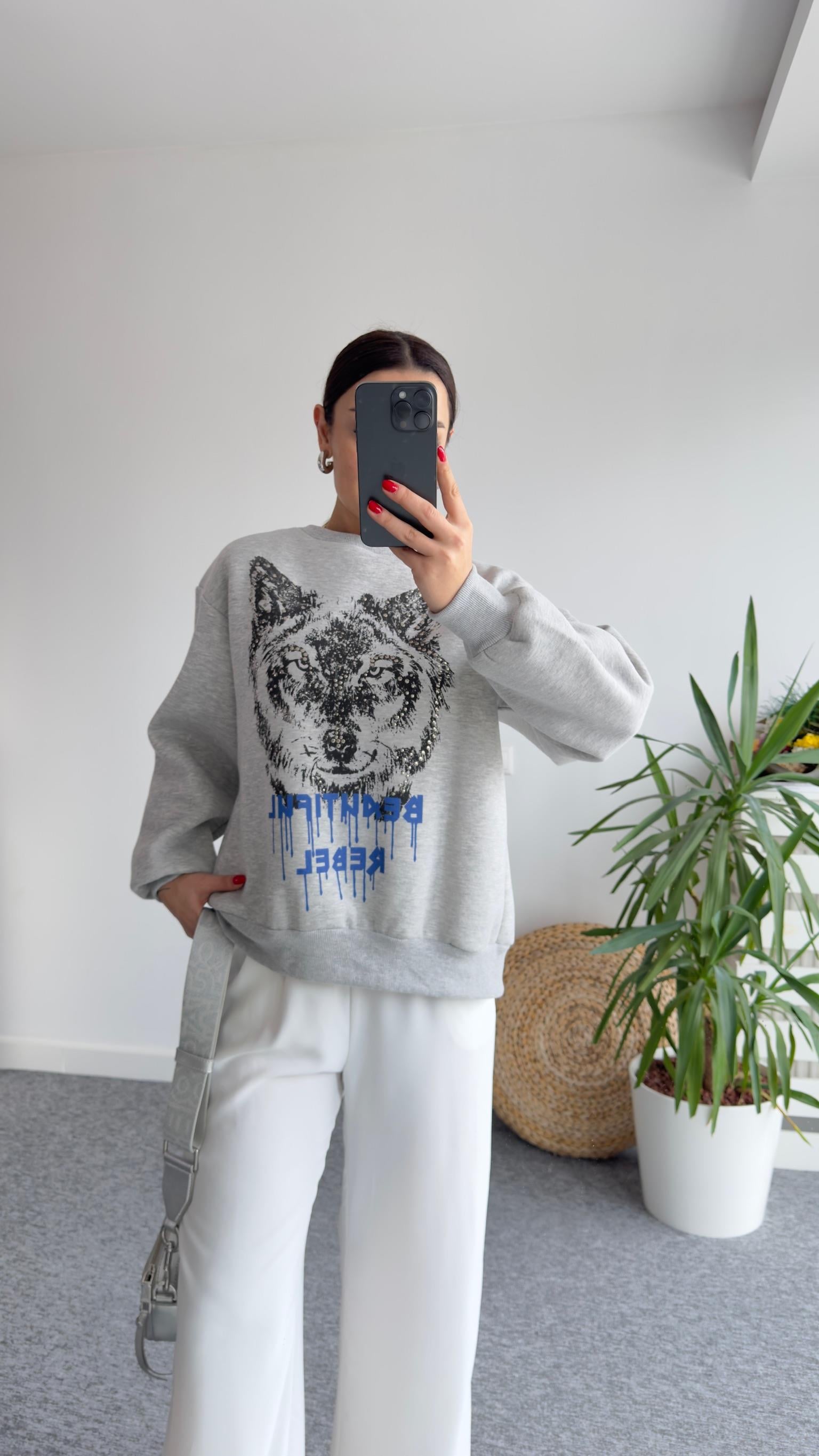 Zımba Baskılı Gri Sweatshirt