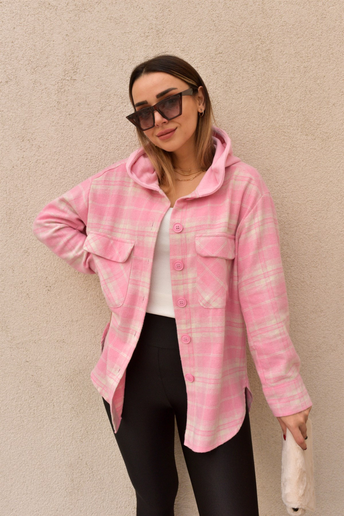 Kapüşonlu Ekose Desen Pembe Ceket 