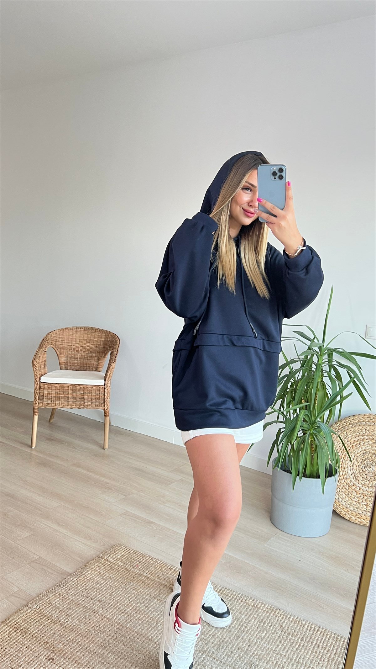 Lacivert Oversize Kapüşonlu Sweat