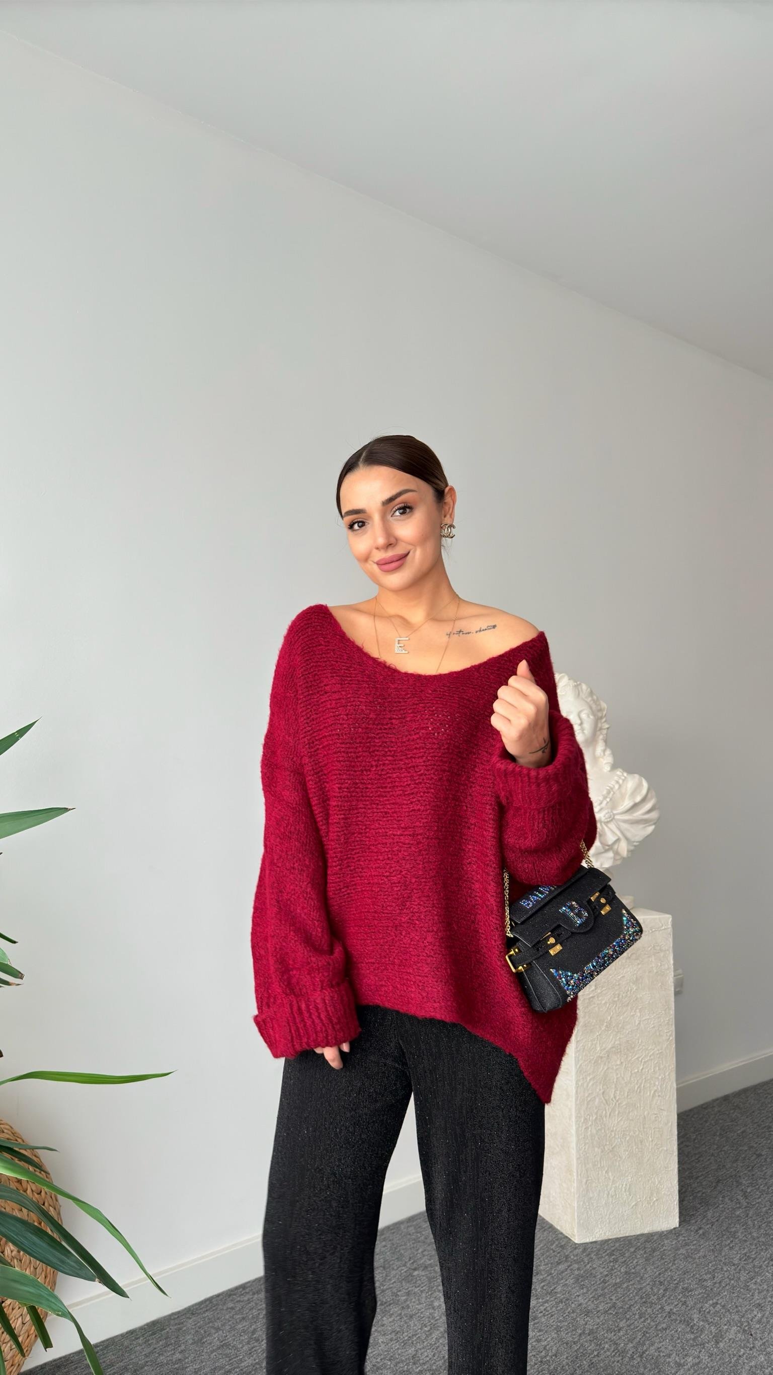 Bordo Kolları Katlamalı V Yaka Kazak