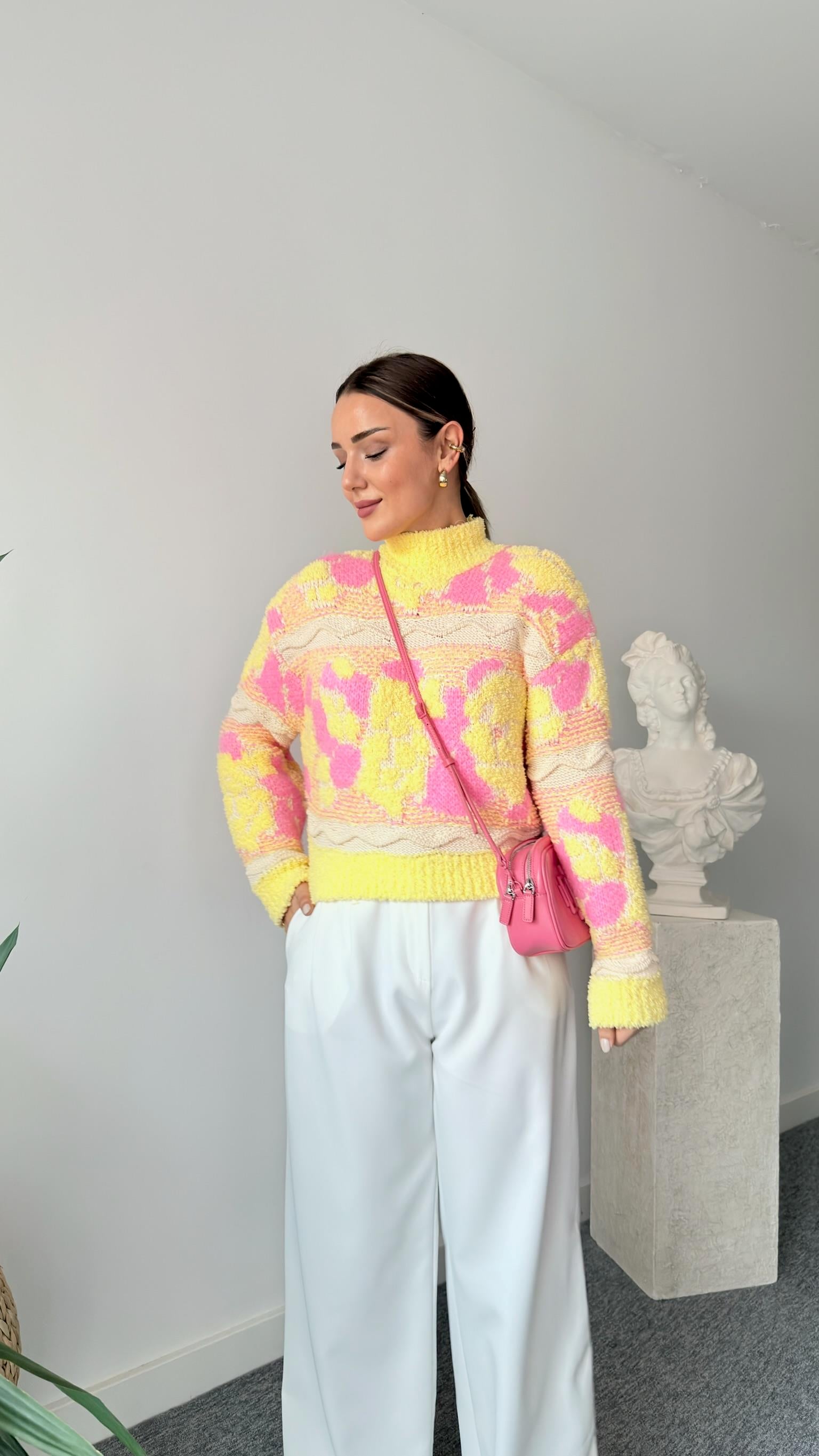 Sarı Pembe Renk Geçişli Örgü Triko Kazak