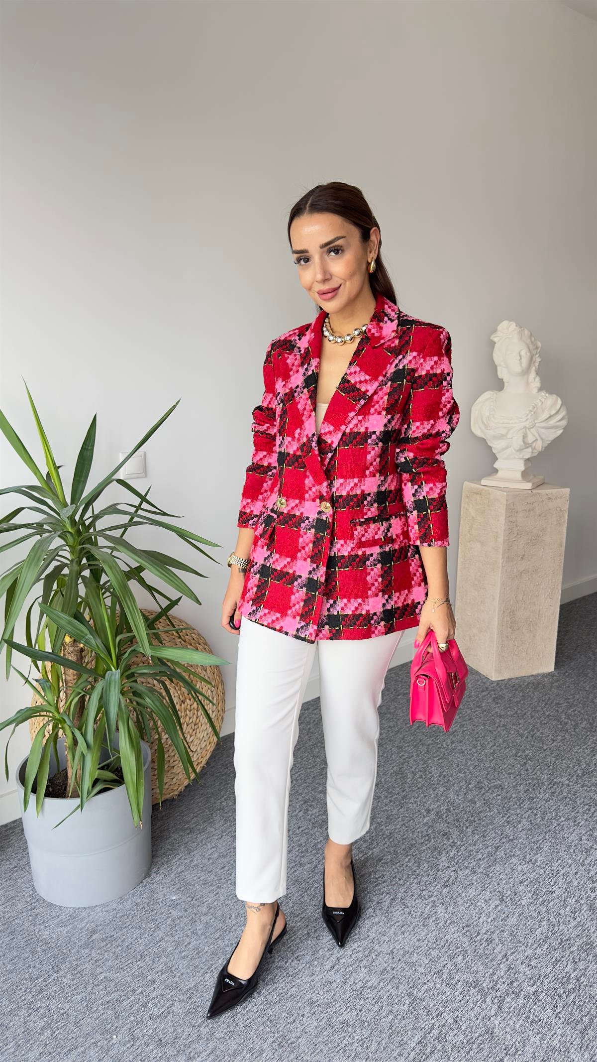 Kırmızı Pembe Renk Geçişli Blazer Ceket
