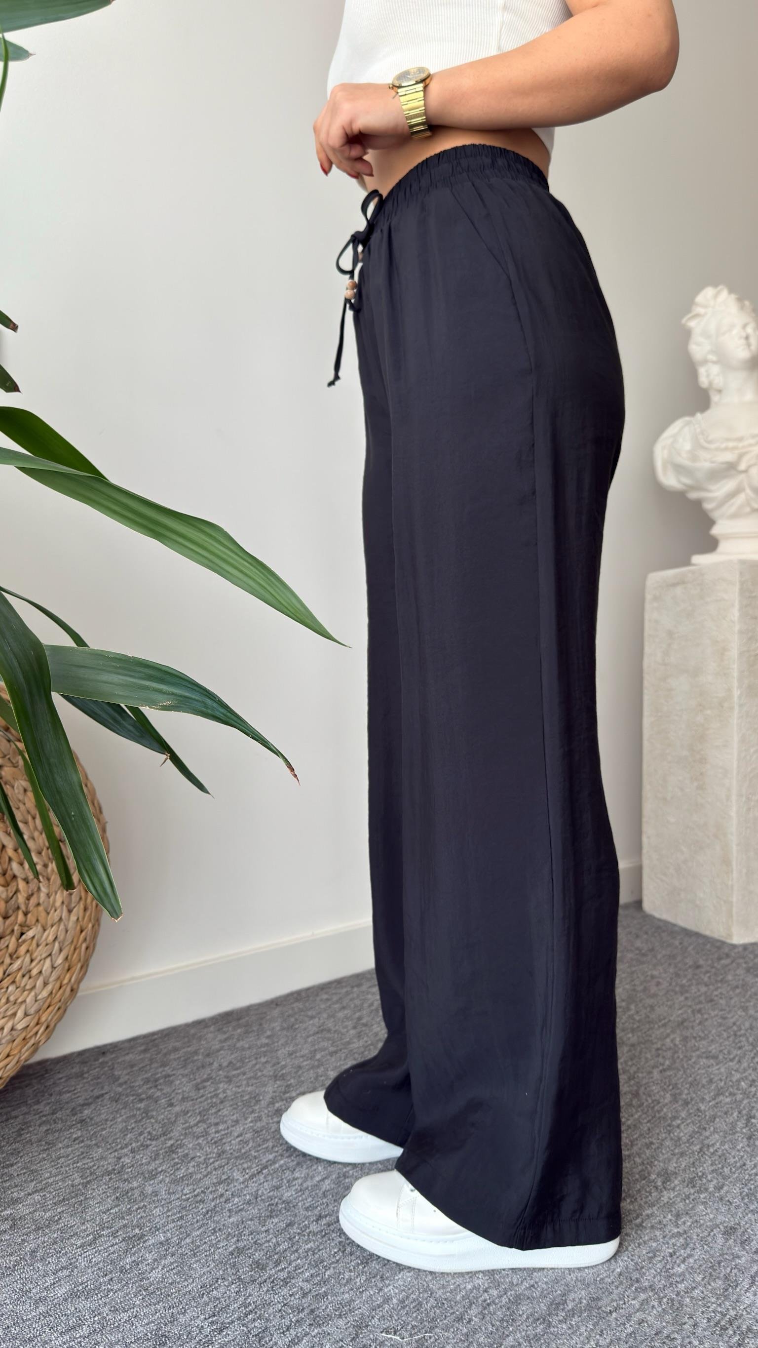 Siyah Montel Bel Lastikli Tensel Pantolon