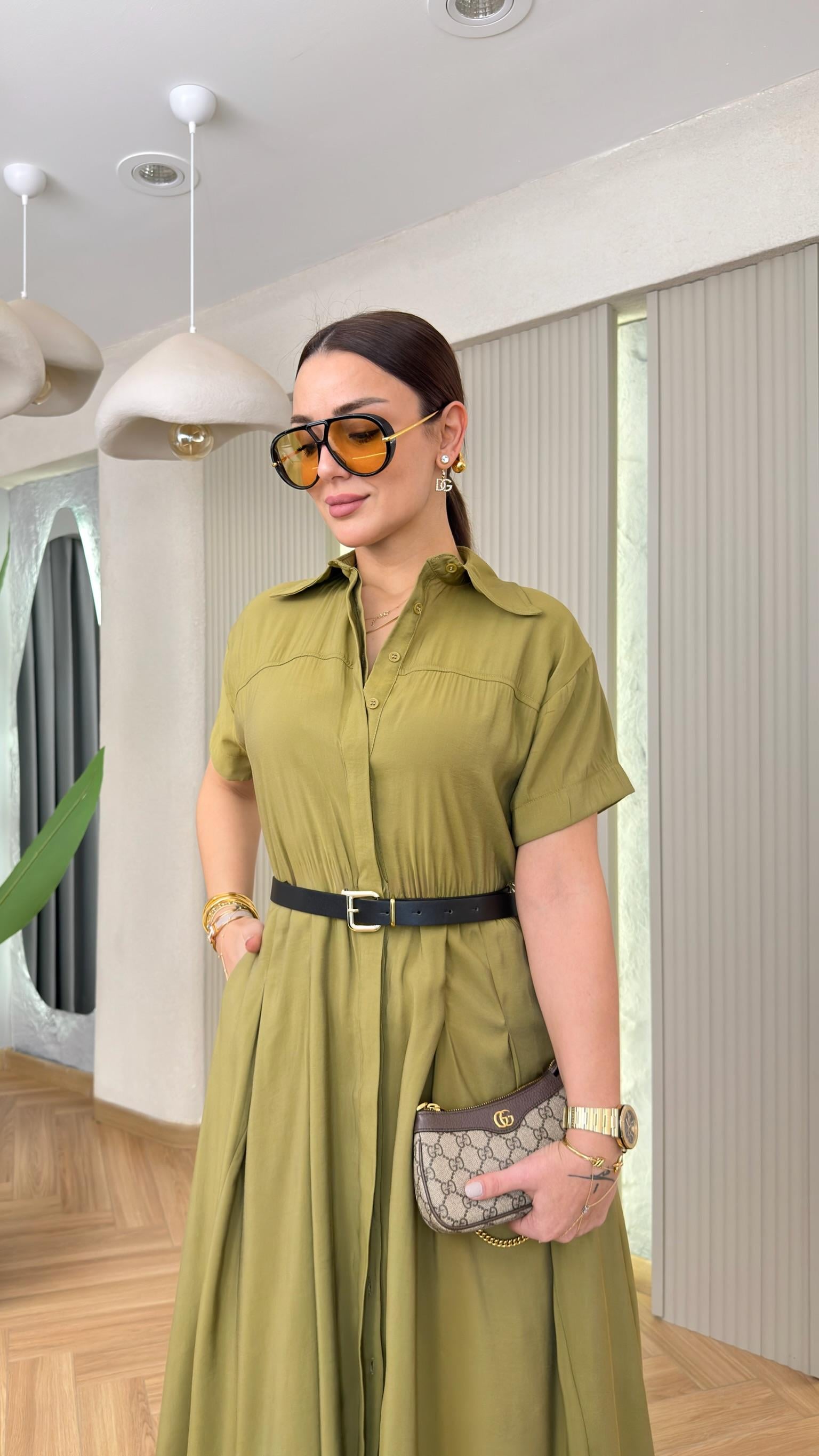 Yeşil Swella Kısa Kol Kemerli Elbise 