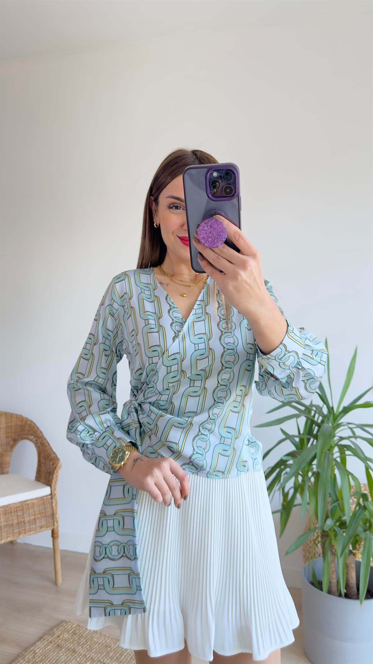 Zincir Baskı Kruvaze Saten Bluz