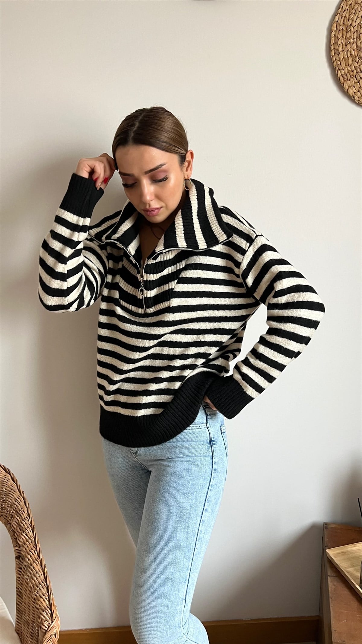 Zara Model Çizgili Yarım Fermuar Kazak