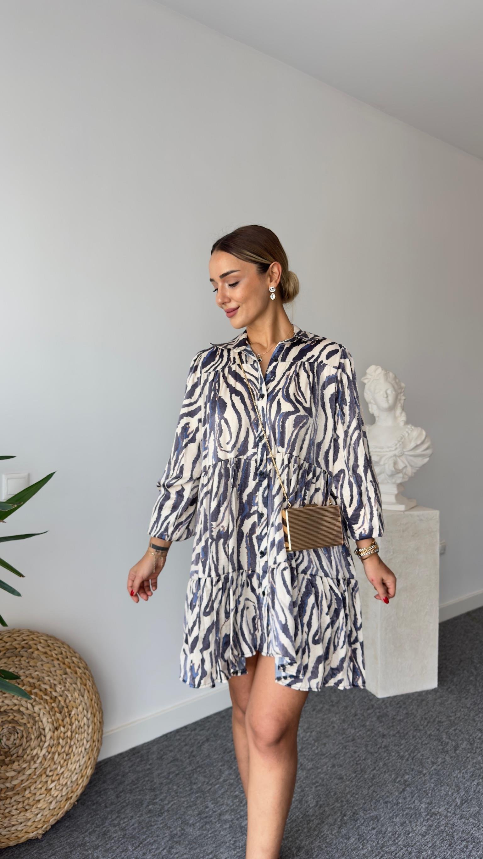 Maris Düğmeli Zebra Desenli Elbise 