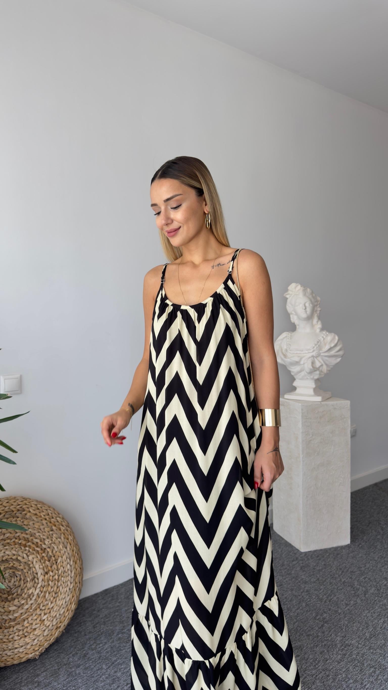 Lavin Siyah Bej Çizgili Maxi Elbise 