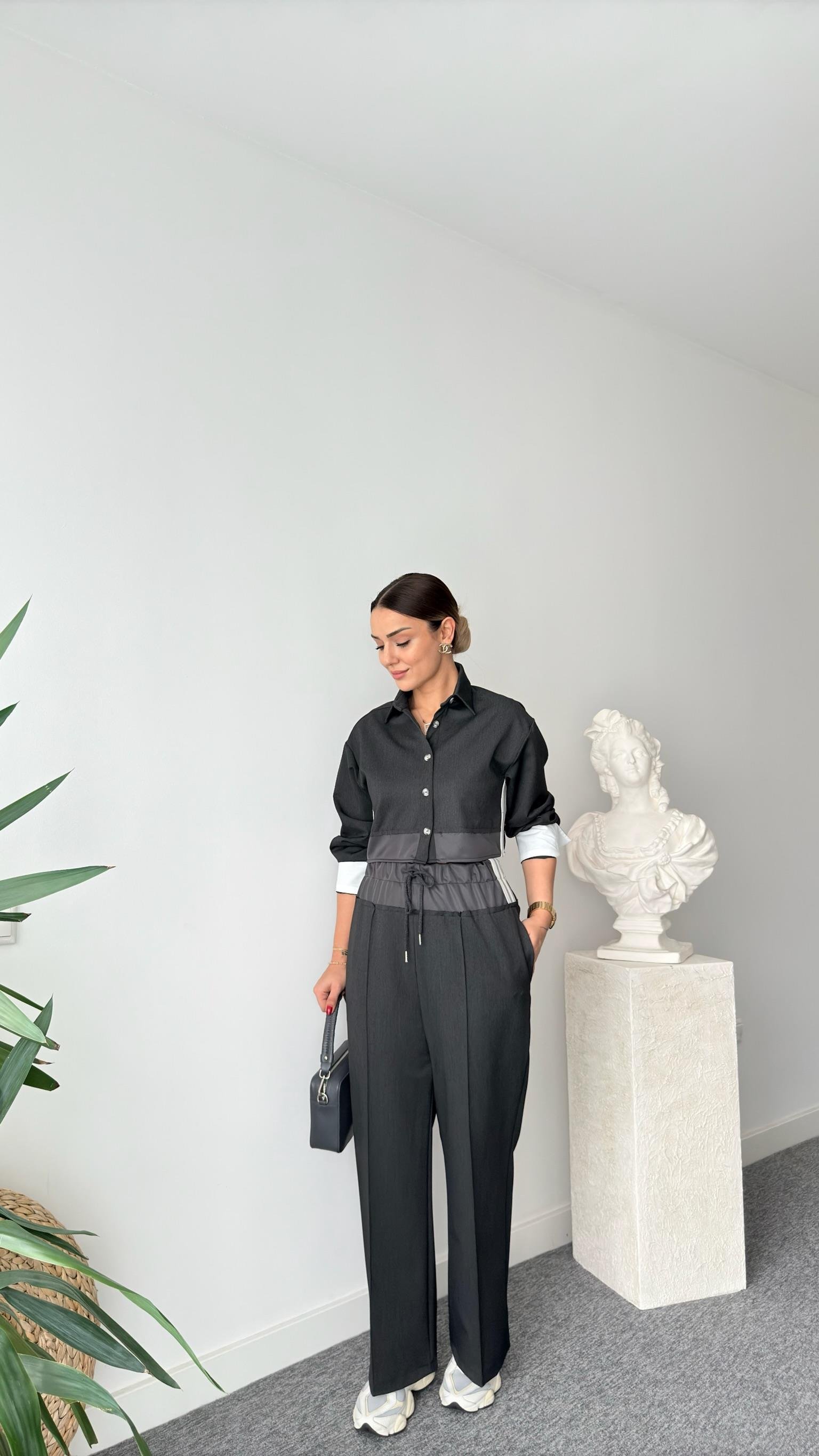 Linen Bel Detaylı Antrasit Pantolon