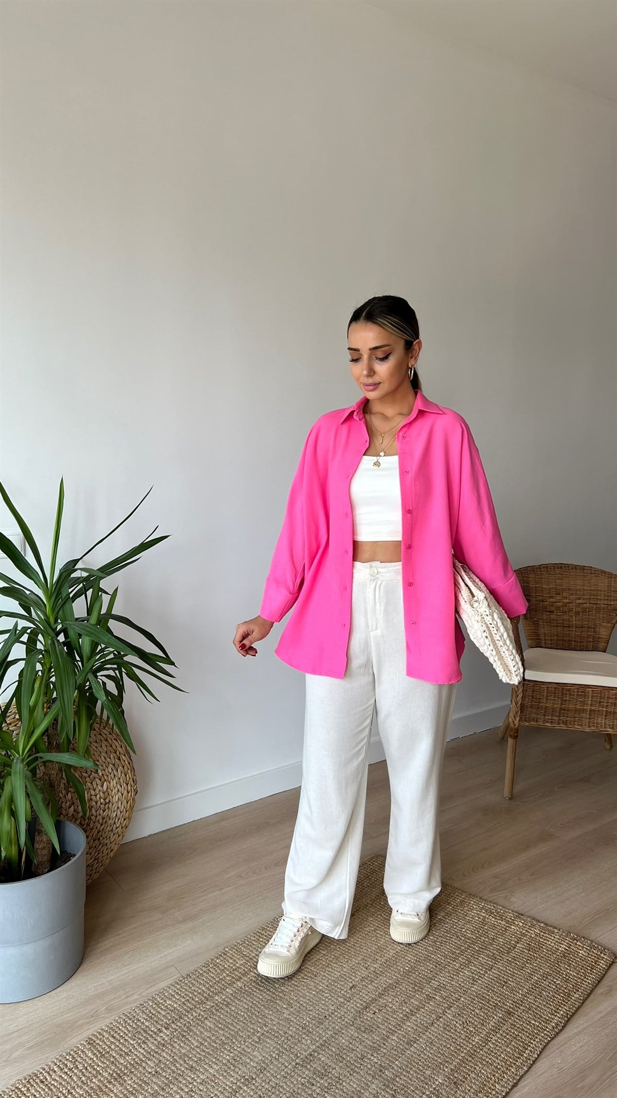 Oversize Pembe Pamuklu Gömlek