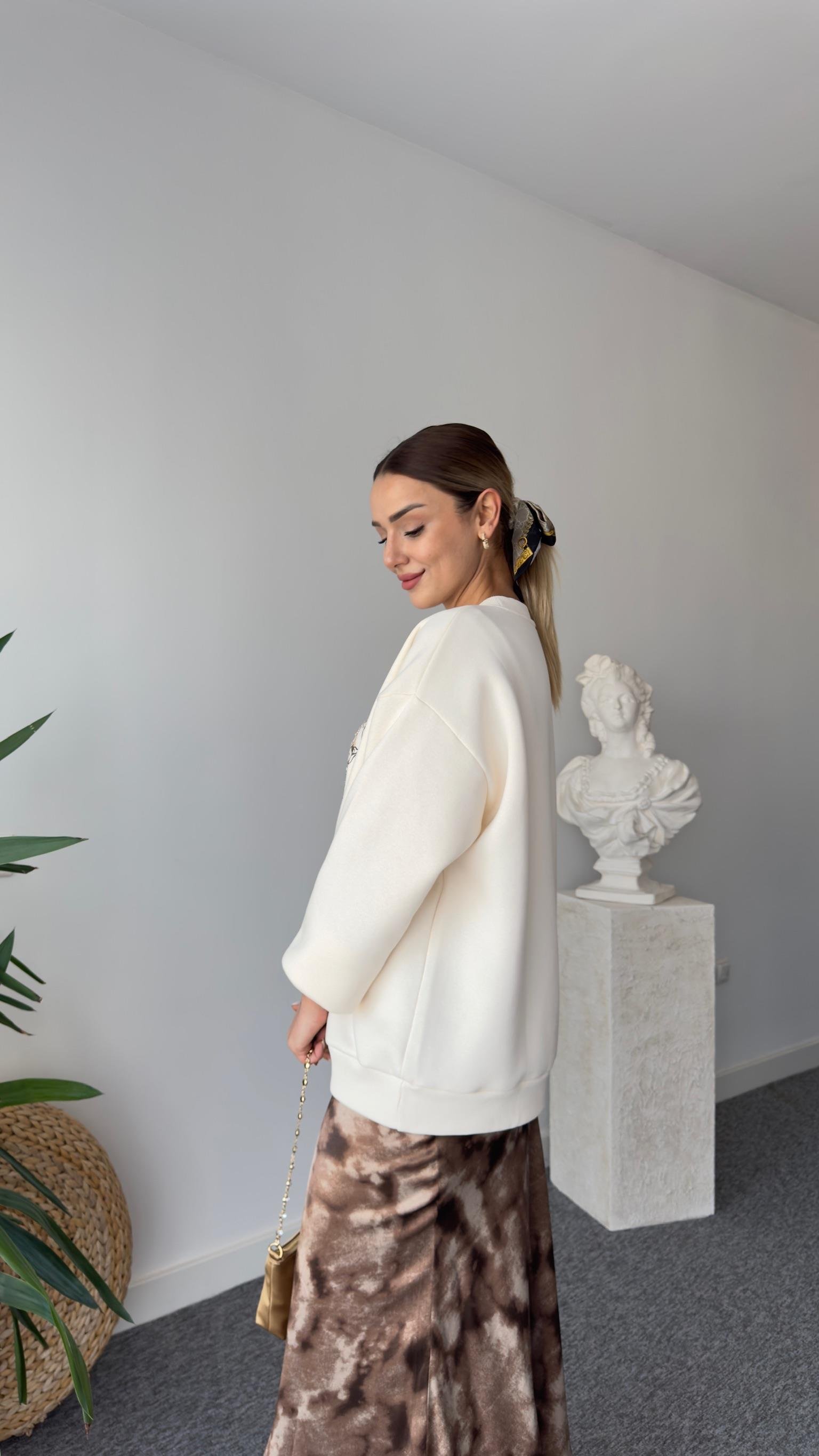 Naji Leopar Baskılı Bej Sweatshirt