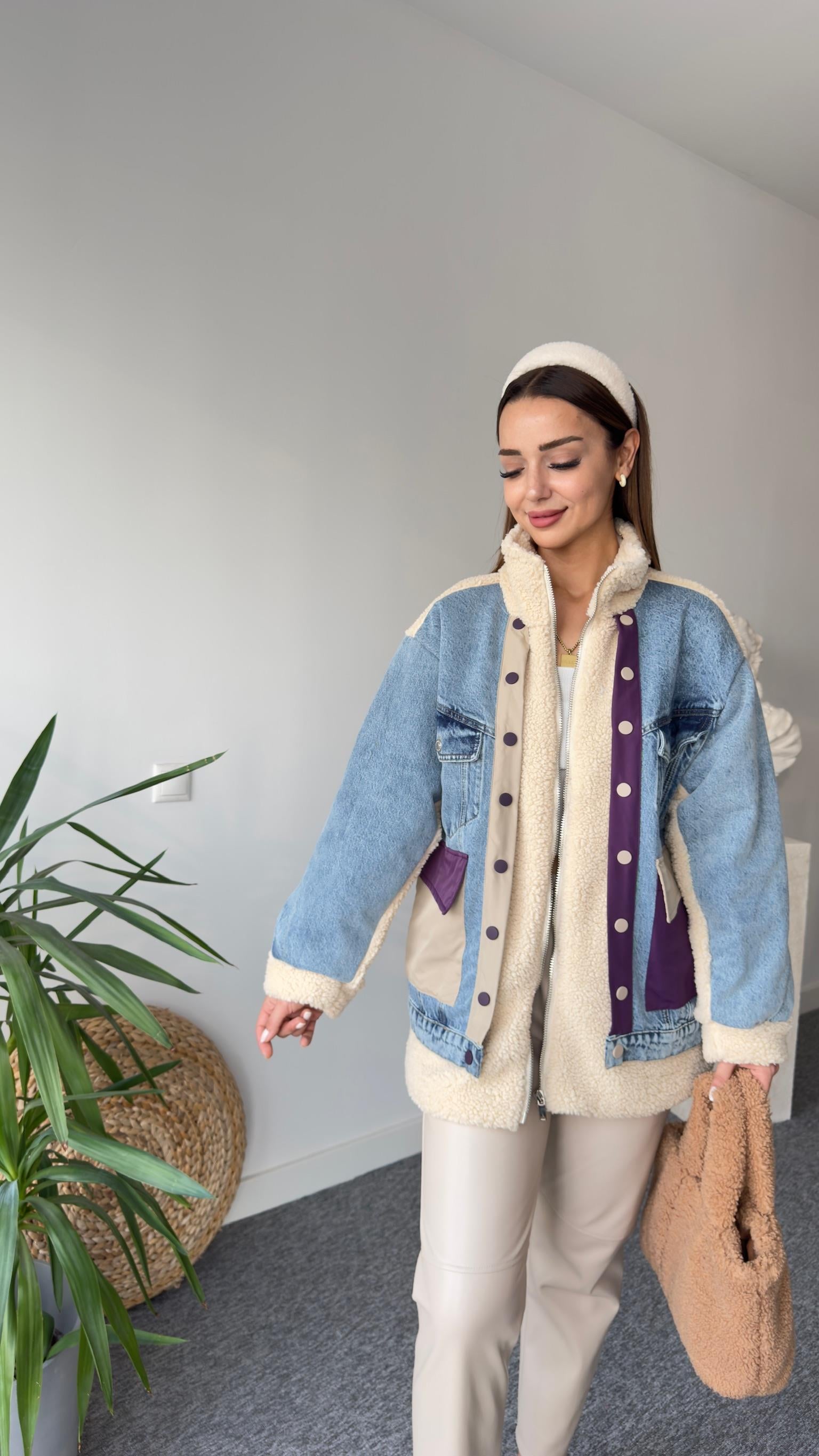Denim Mix Mor Detay Peluş Mont 