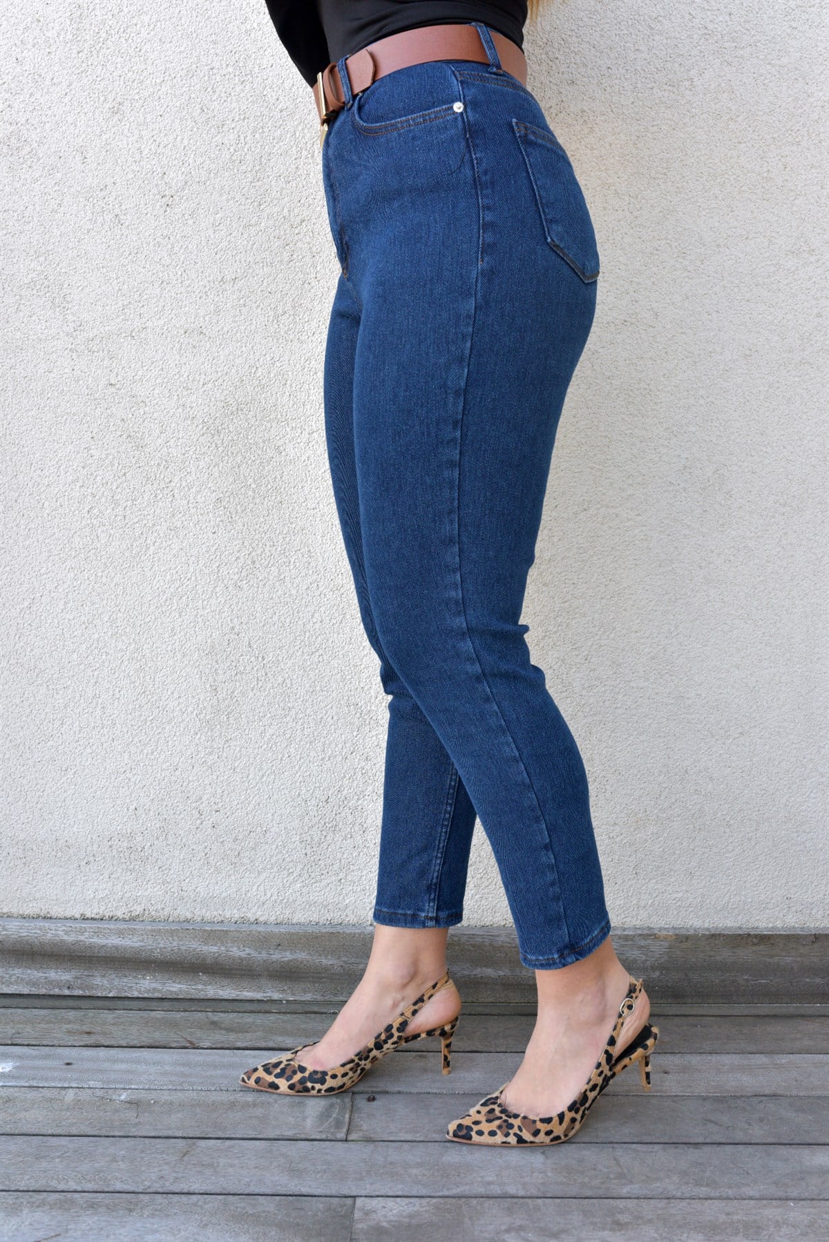 Lacivert Likralı Mom Jean