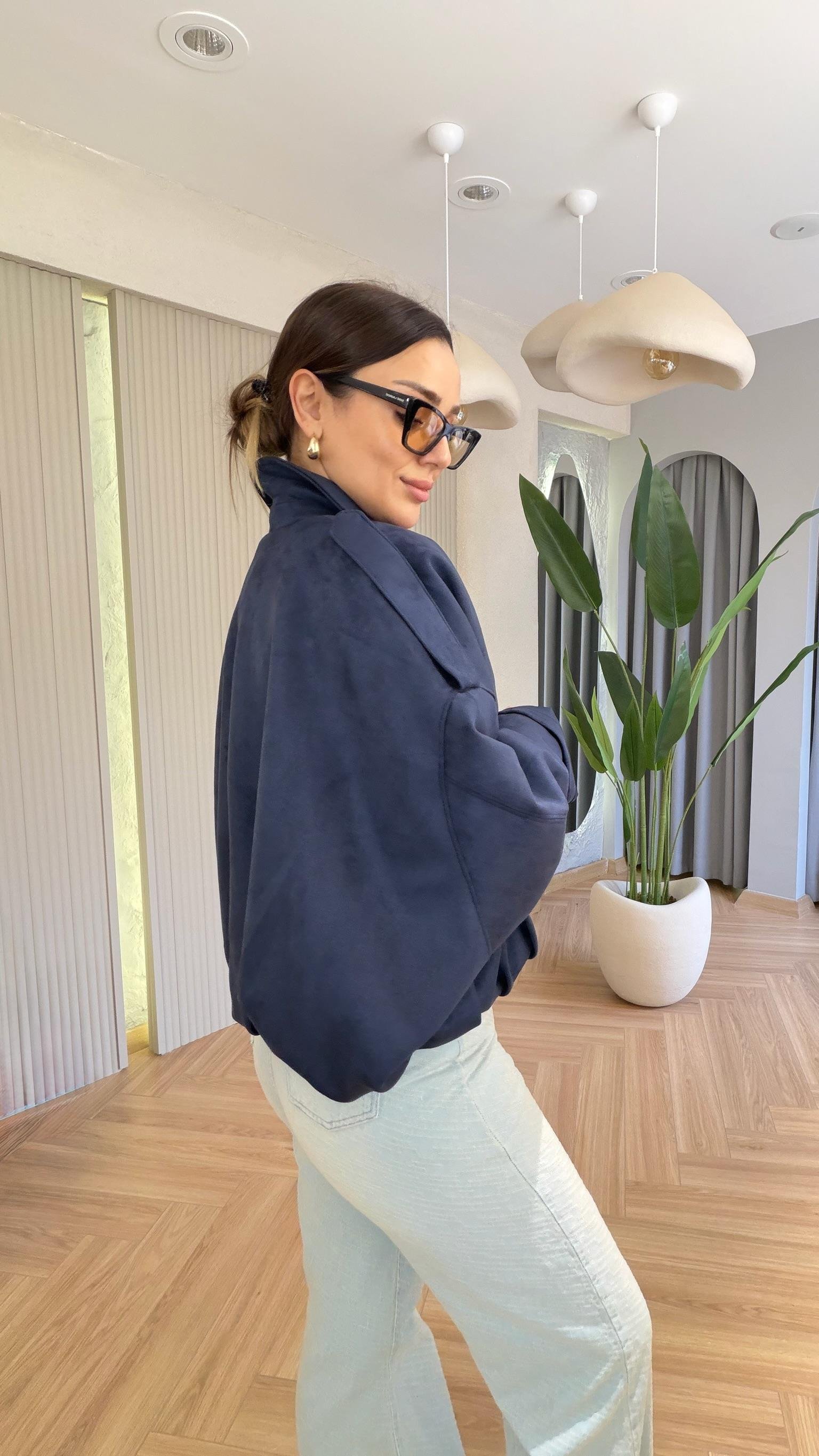 Lacivert Zra Model Pile Detaylı Süet Ceket